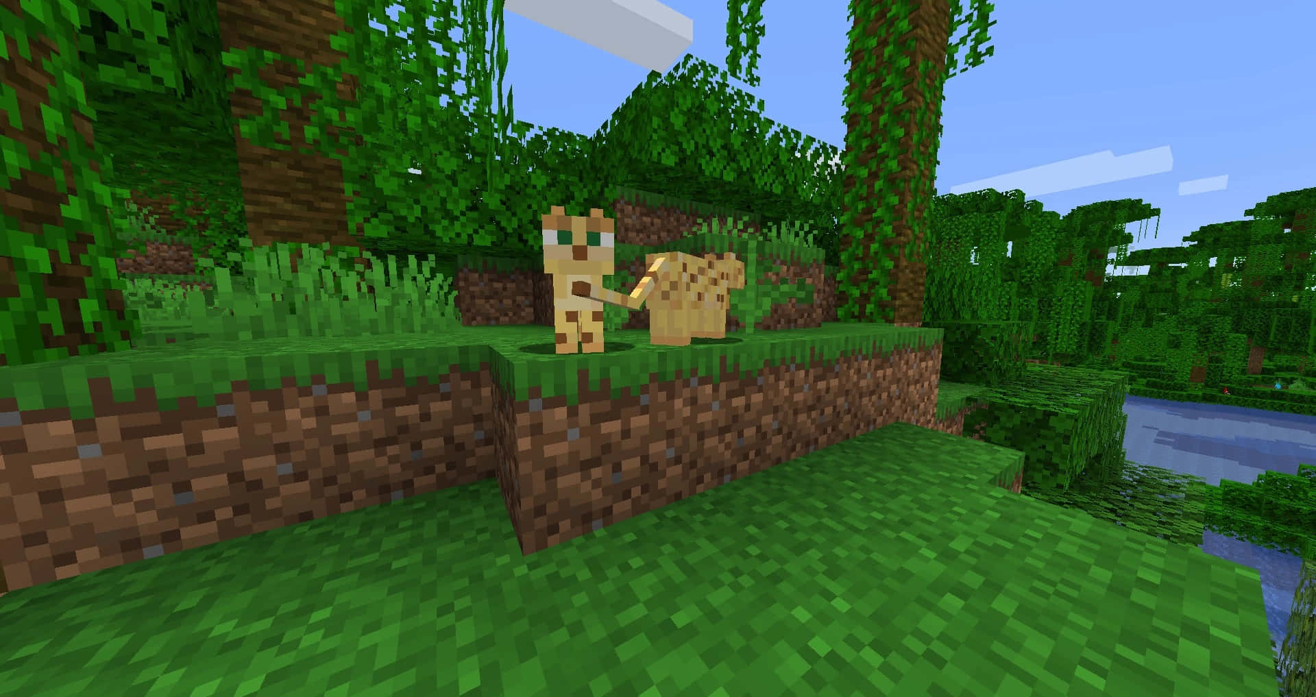 Minecraft Ocelot 桌布 壁紙 — 兩隻像素貓坐在一個草叢邊緣上，身處一個方塊狀的叢林，有藤蔓和下方的河流。