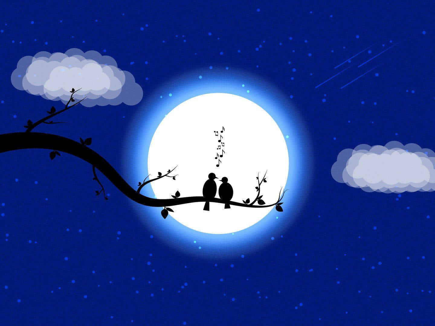 Moon Night 桌布 壁紙 — 兩隻剪影鳥棲息在樹枝上，背景係發光嘅滿月，喺有雲同流星嘅星空夜空下。