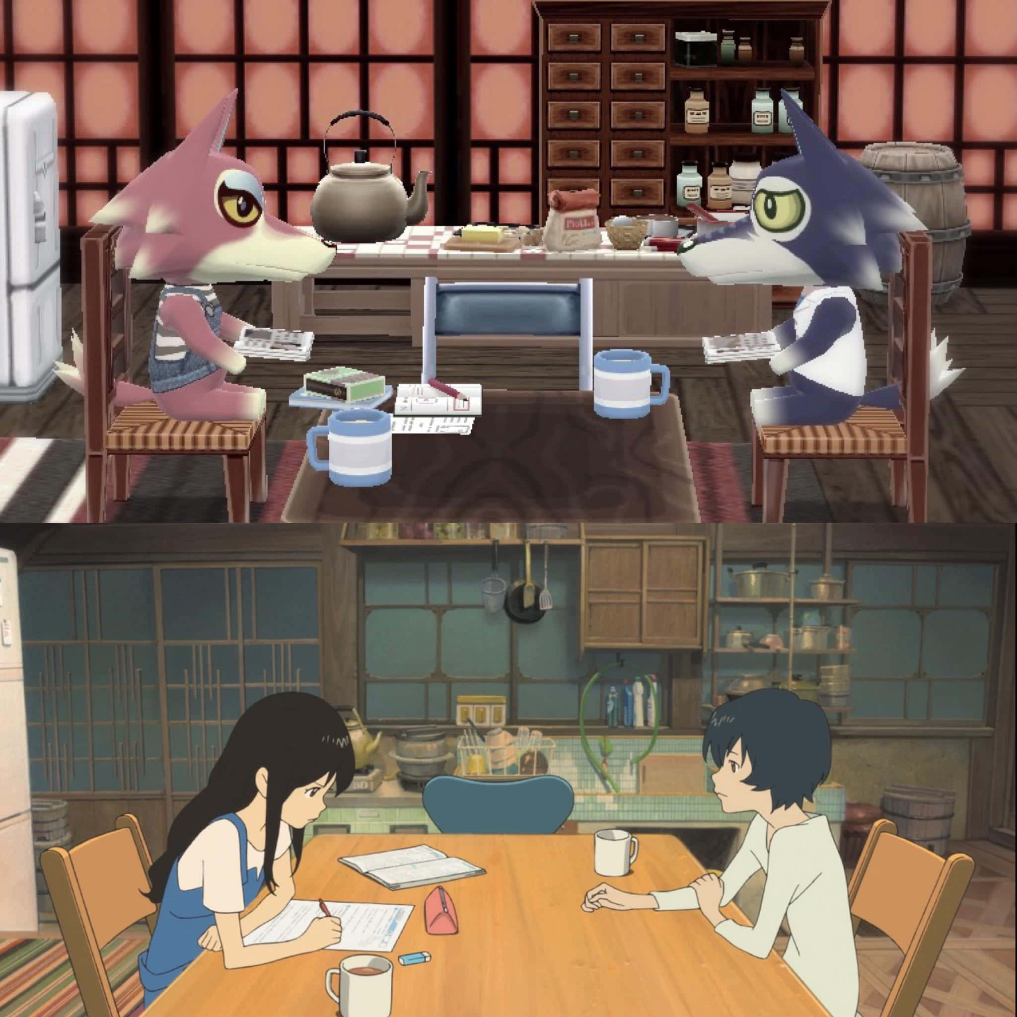 Wolf Children 桌布 壁紙 — 兩隻動漫風格擬人化狐狸和兩個人類女孩坐在舒適的和室木桌旁，用書本和馬克杯學習。