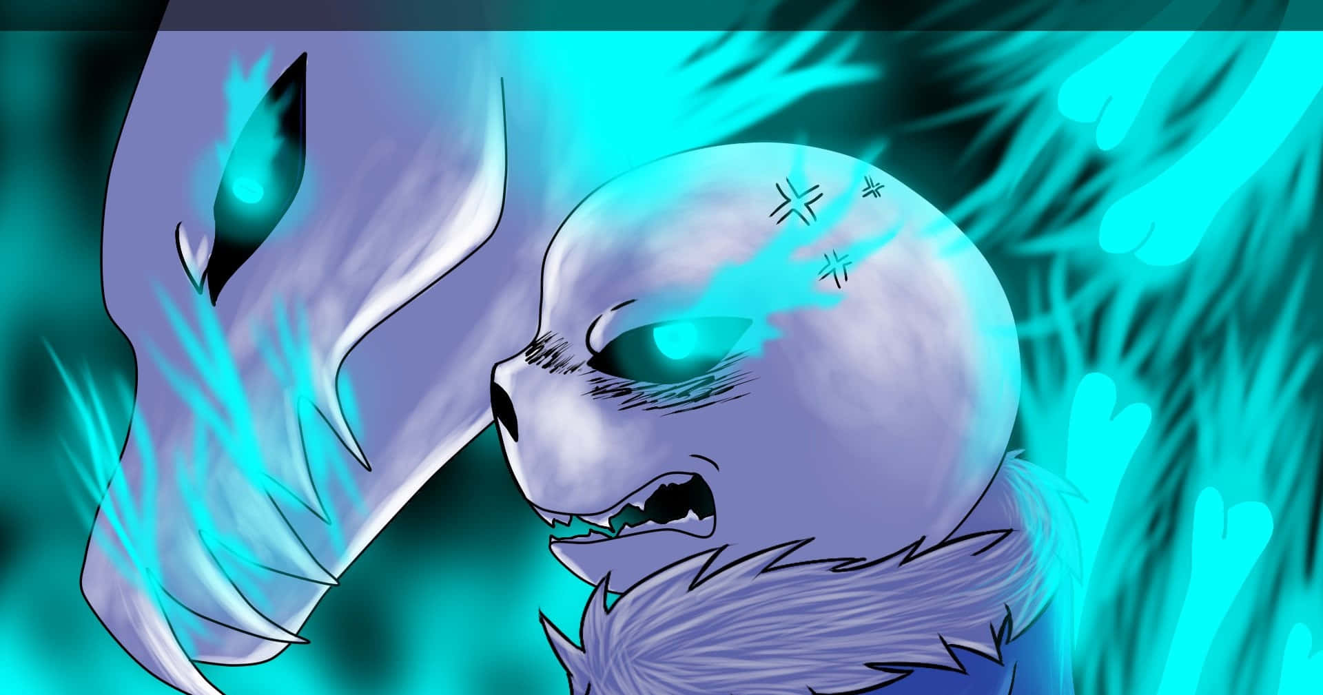 sans 桌布 壁紙 — 兩隻動漫風格的狼生物，擁有發光的藍綠色眼睛和冰霜毛皮，在充滿活力的電藍色能量場中對峙。