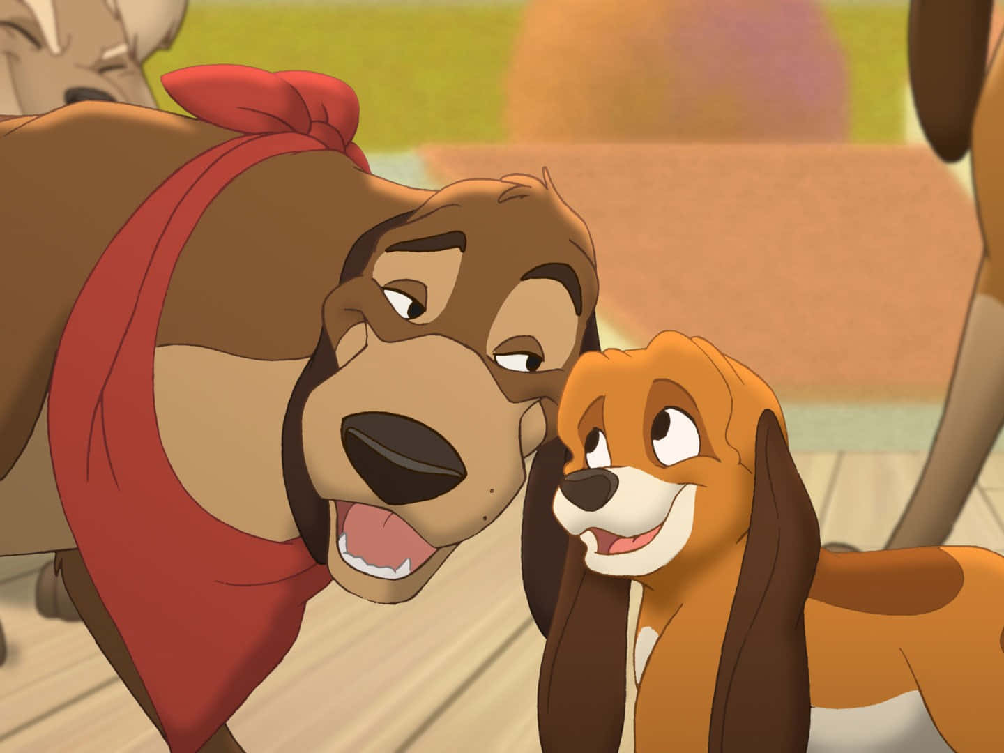 the fox and the hound 桌布 壁紙 — 兩隻動畫狗分享一個溫暖、充滿愛意的時刻，帶著喜悅的表情和柔和的光線。