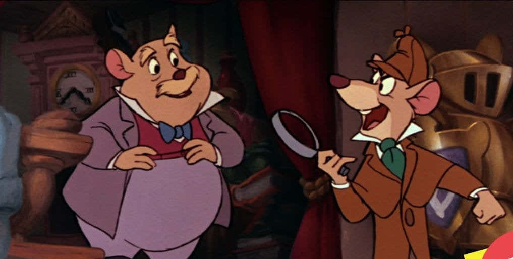 The Great Mouse Detective 桌布 壁紙 — 兩隻動畫老鼠穿著西裝，一隻拿著放大鏡，在一個光線昏暗的房間裡，有時鐘和盔甲。