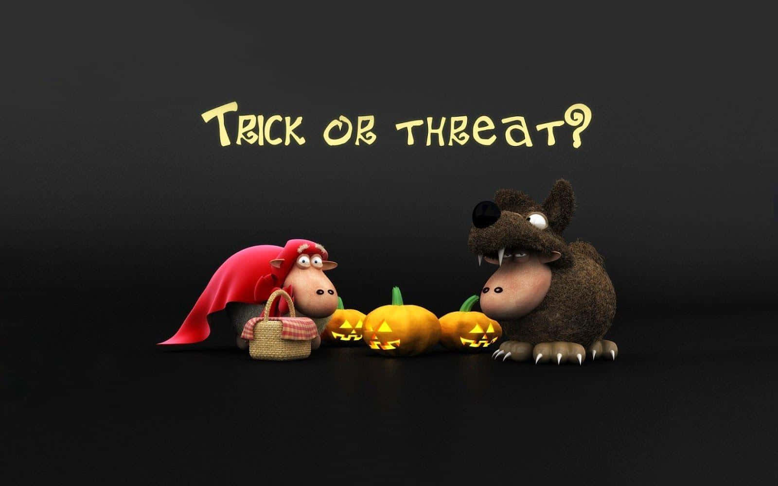 Trick-or-treaters 桌布 壁紙 — 兩隻卡通動物穿著萬聖節服裝，在黑暗背景前與發光南瓜合影，下方有'Trick or Threat?'文字。