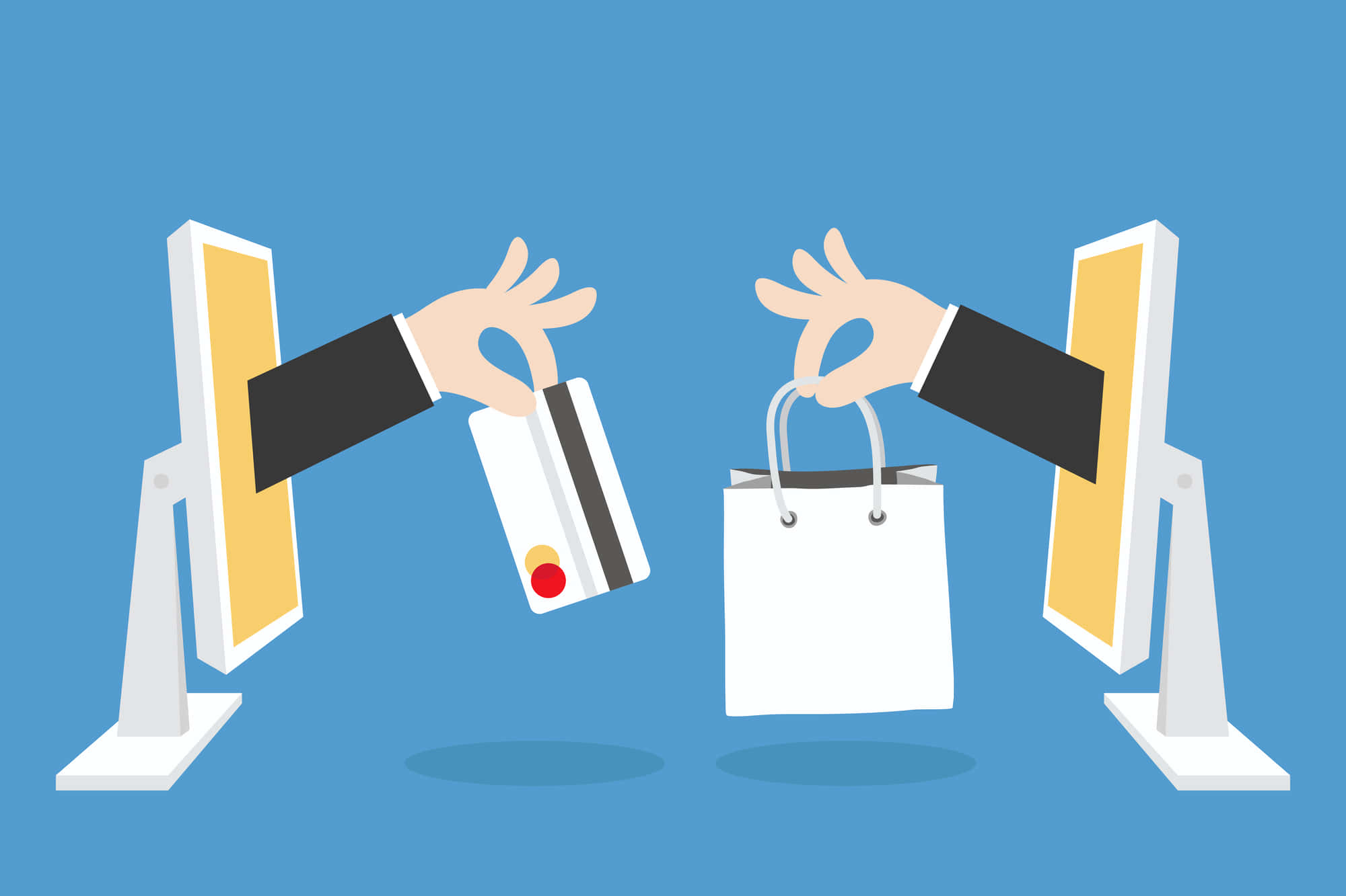 E Commerce 桌布 壁紙 — 兩隻卡通手從電腦顯示器中伸出，在純藍色背景上交換信用卡和購物袋。