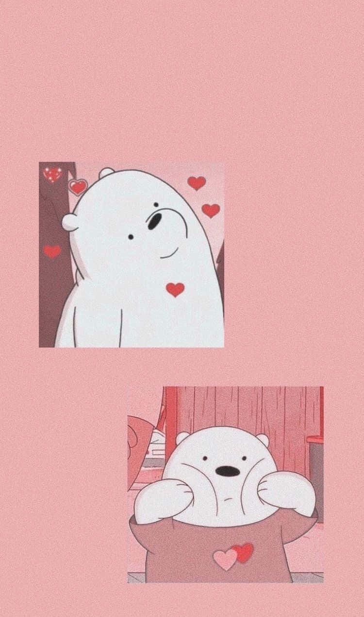 Cartoon Polar Bear 桌布 壁紙 — 兩隻卡通熊在粉紅色的房間裏，一隻微笑着帶着心形，另一隻害羞地用手遮臉，周圍漂浮着心形。