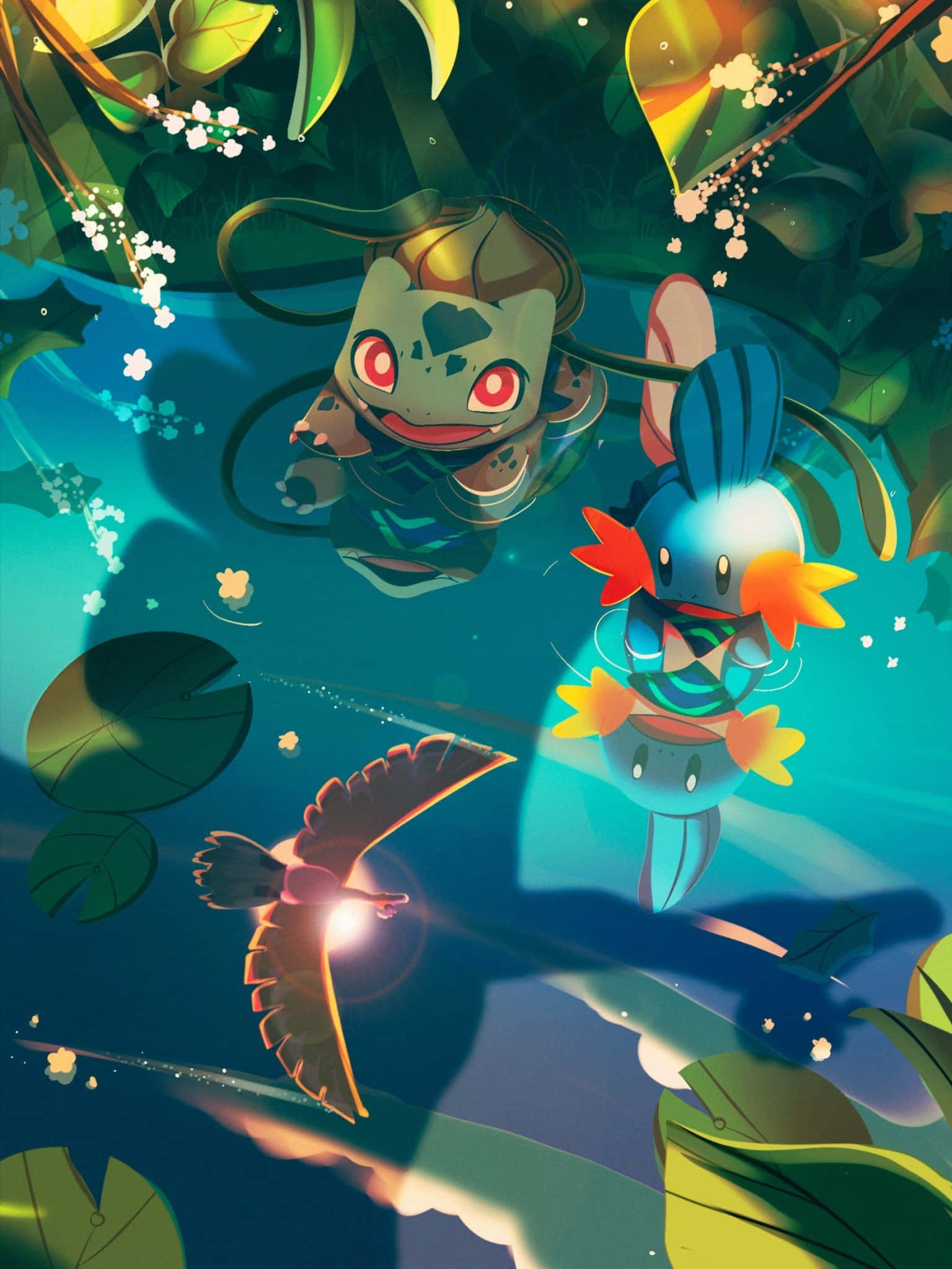 Pokemon Fan Art 桌布 壁紙 — 兩隻卡通生物喺睡蓮葉同發光花朵之間游水，上面有隻雀仔飛緊。