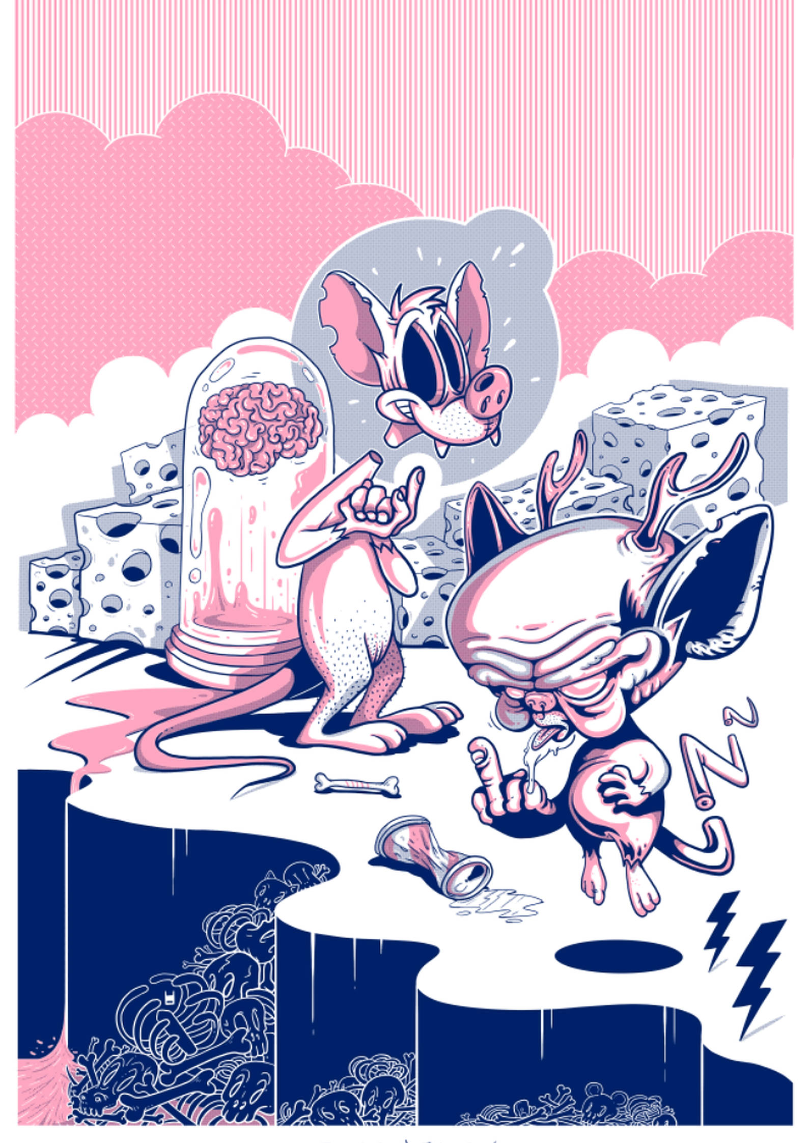 Brain 桌布 壁紙 — 兩隻卡通粉紅色老鼠在一個超現實的芝士主題景觀中，有一個腦子在罐子裡和一個破碎的沙漏。