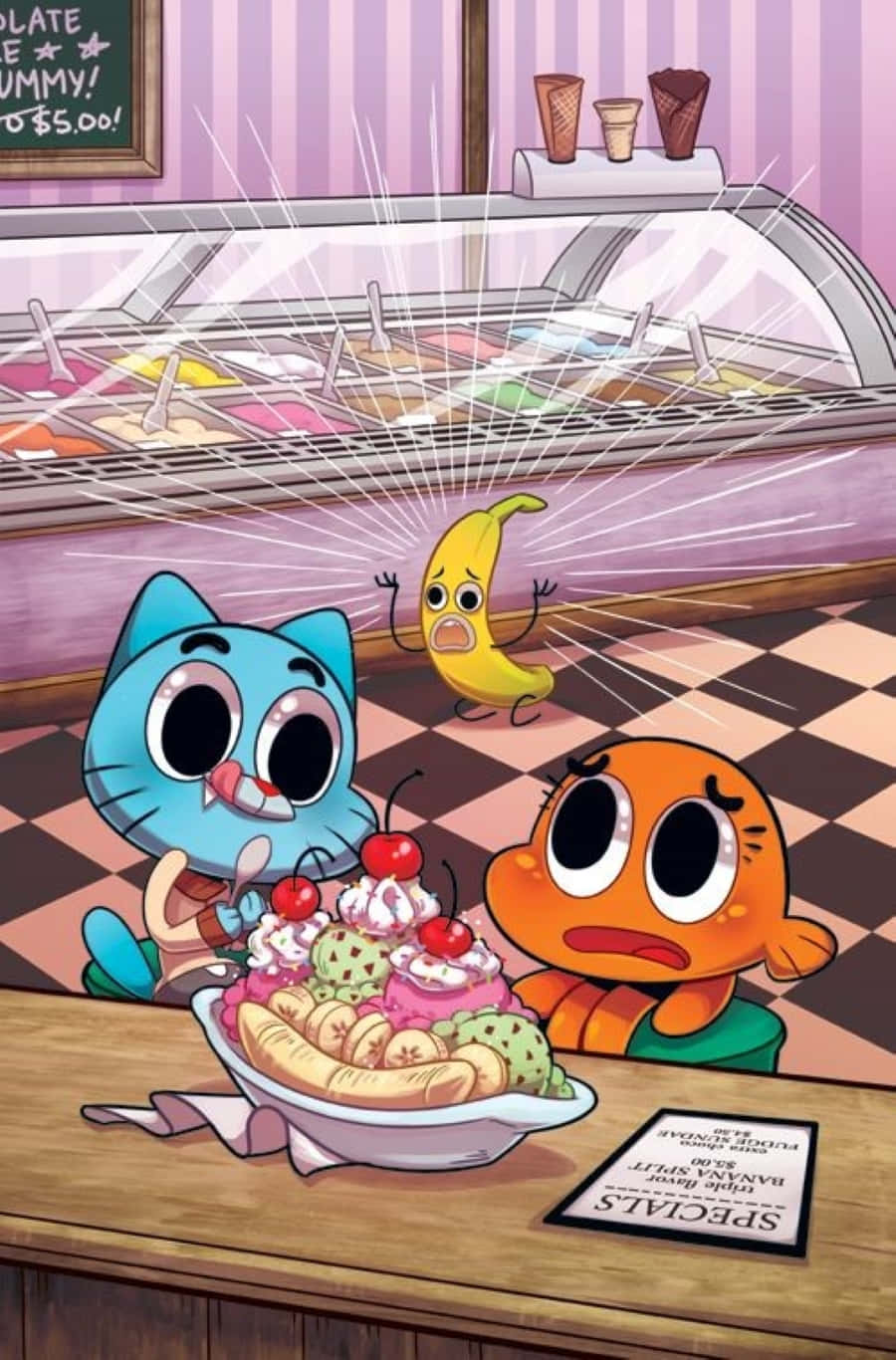 Gumball And Darwin 桌布 壁紙 — 兩隻卡通貓震驚地盯著一根香蕉，它因即將被巨型聖代吃掉而恐懼尖叫。