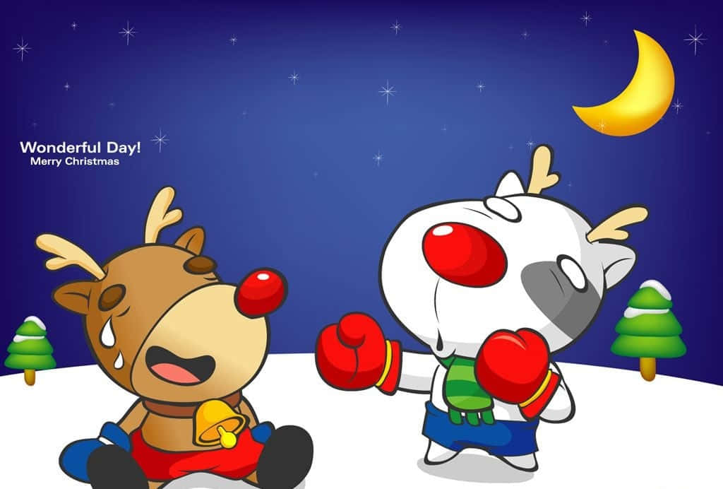 搞笑聖誕gif 桌布 壁紙 — 兩隻卡通馴鹿在雪夜場景中，一隻拳擊另一隻，後者看起來傷心流淚