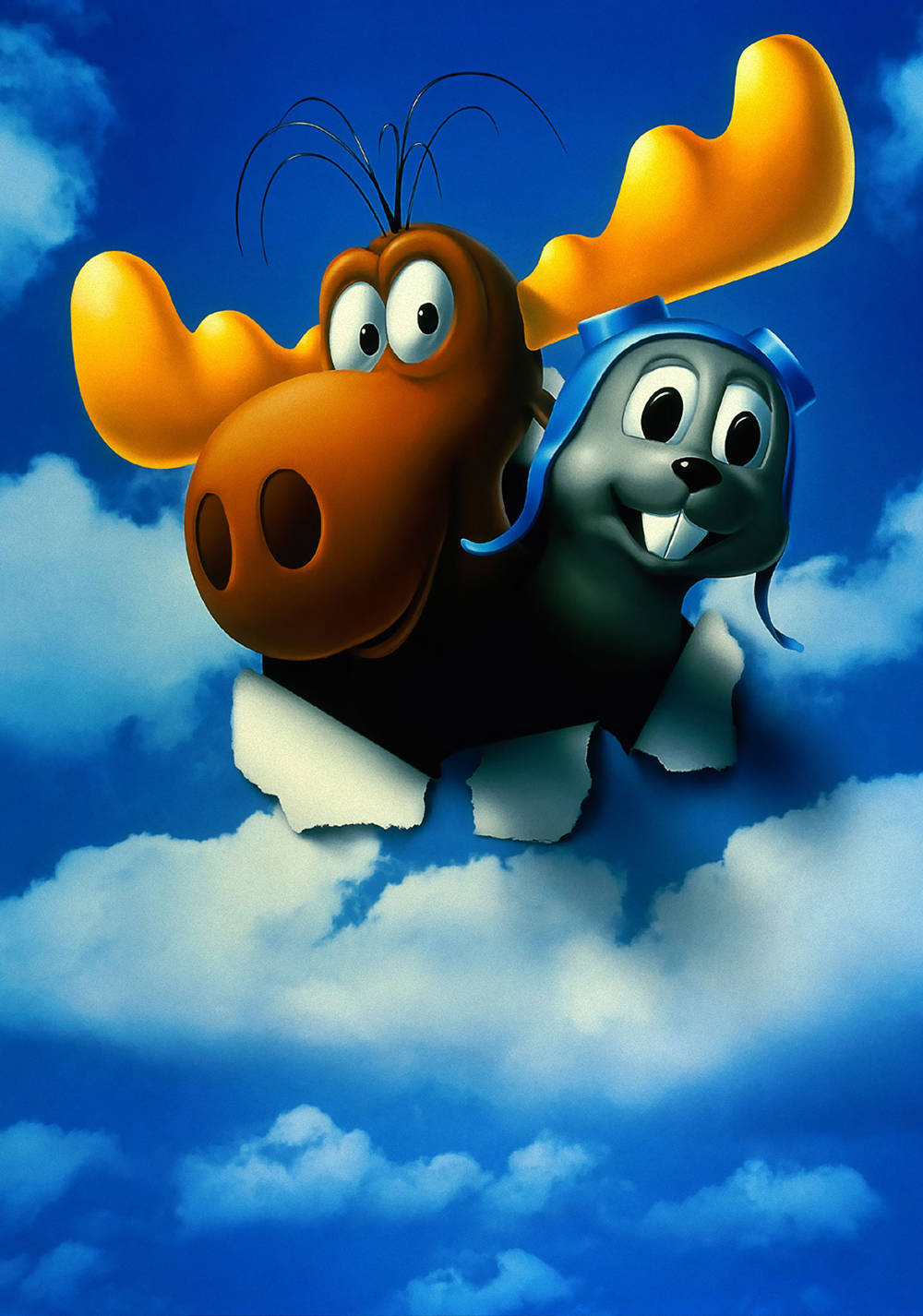 rocky 桌布 壁紙 — 兩隻卡通駝鹿角色在藍天白雲中衝破雲層。