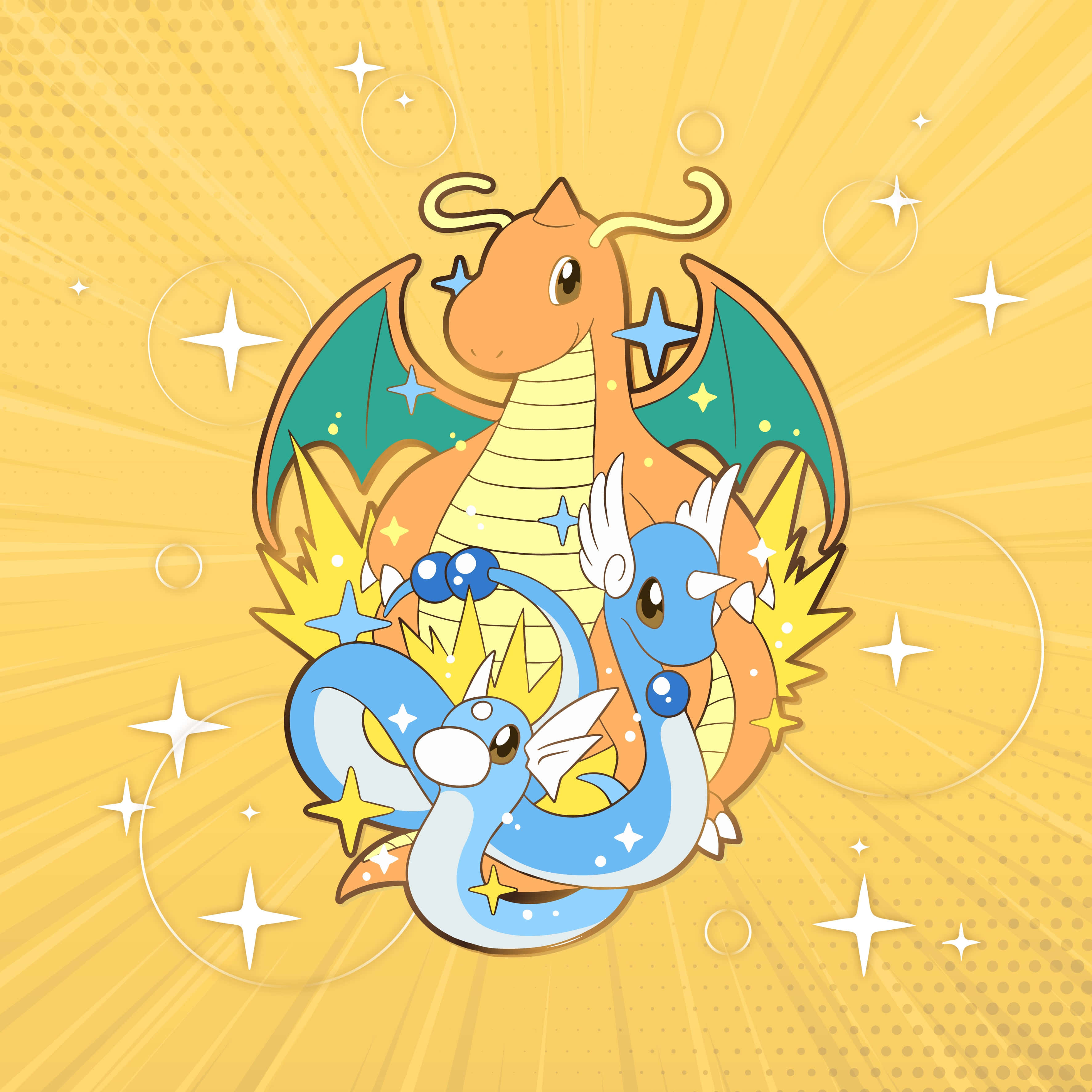 Pokemon Evolution 桌布 壁紙 — 兩隻卡通龍，一橙一藍，帶有翅膀和星星，從明亮的黃色背景中迸發出來。