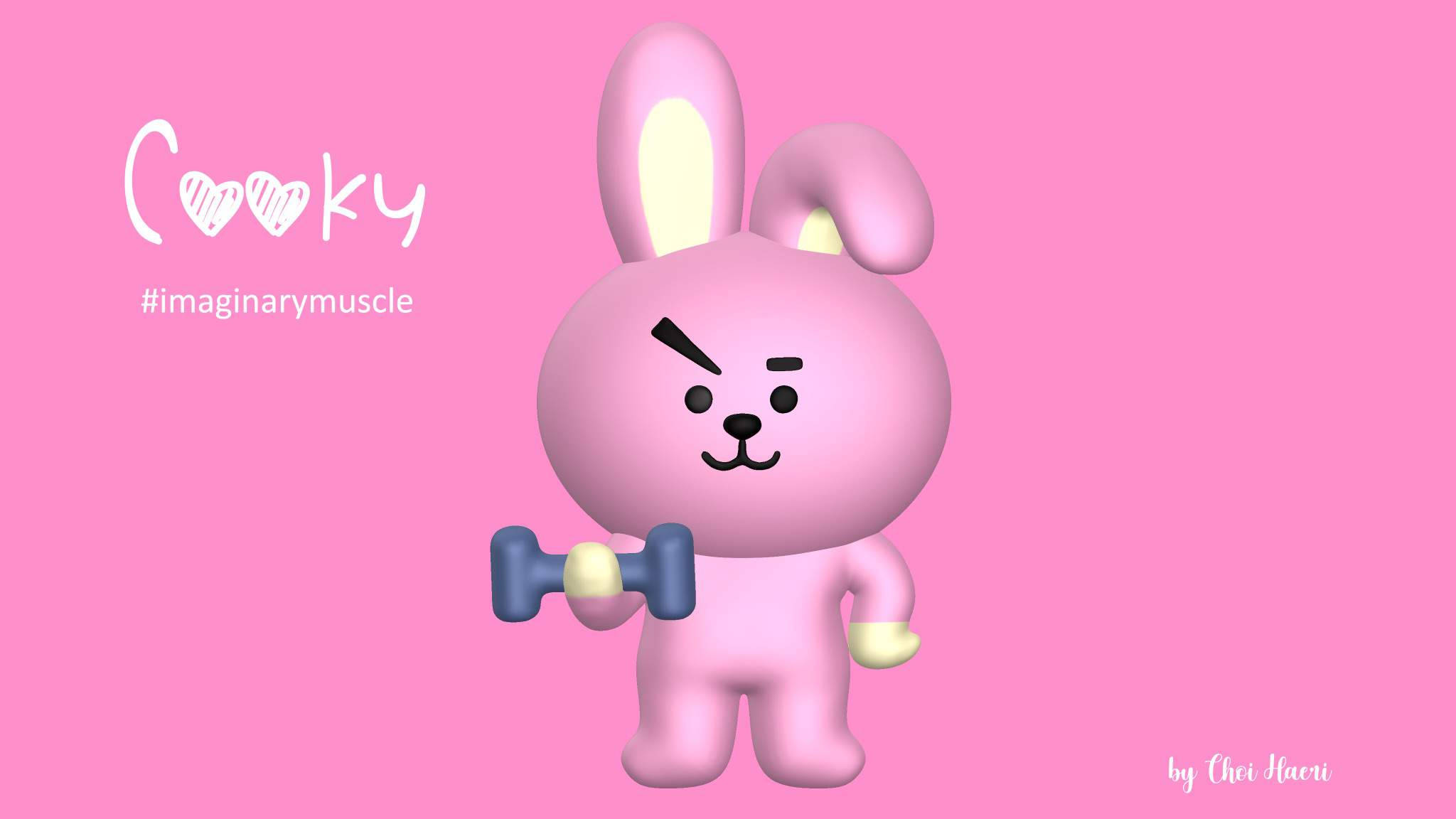 兩隻可愛Cooky BT21角色室內場景 壁紙 — 一隻粉紅色卡通兔仔帶住憤怒嘅表情，喺純粉紅色背景上揸住一個藍色啞鈴。