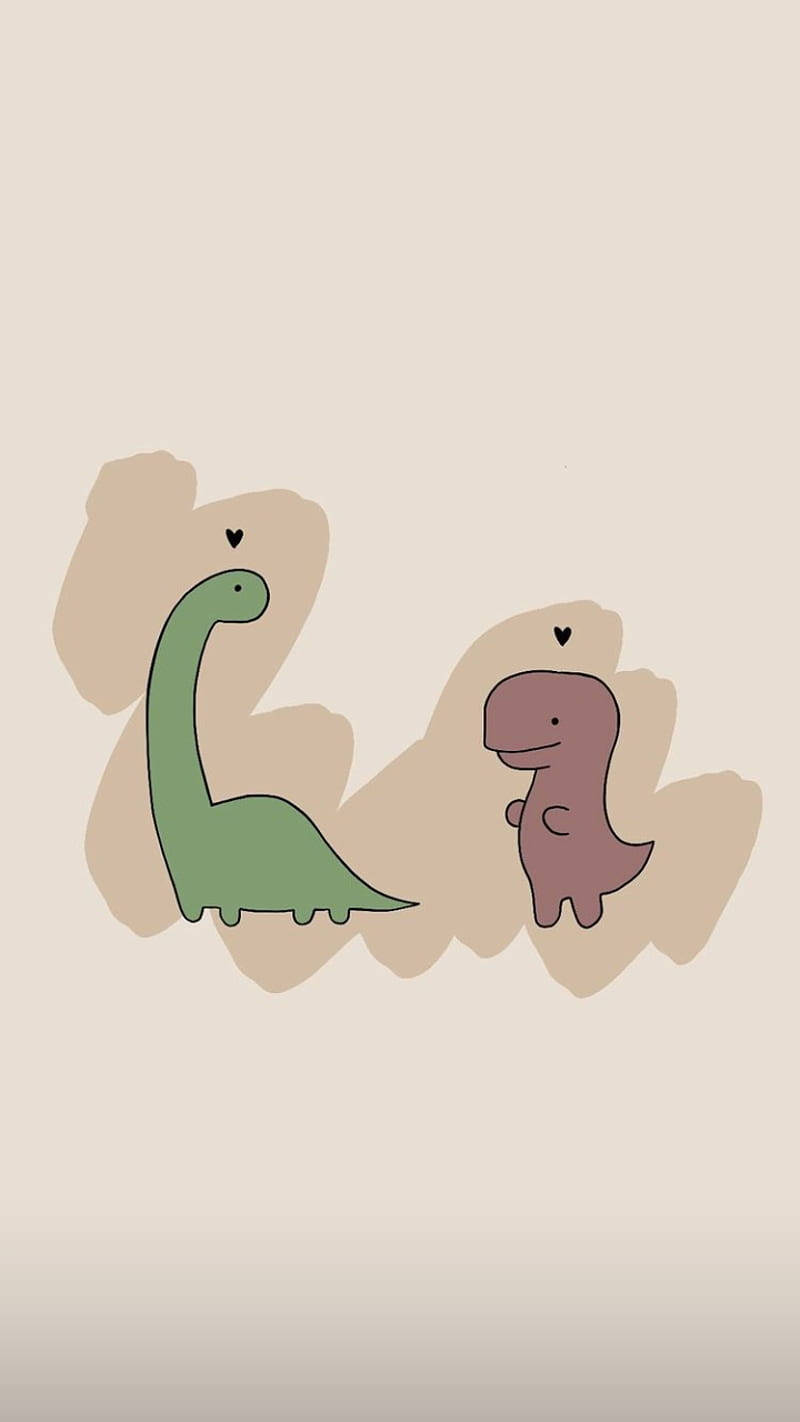 Cute Dinosaur 桌布 壁紙 — 兩隻可愛嘅卡通恐龍，頭頂有心形圖案，企喺米色雲狀形狀上，背景係柔和嘅米色。