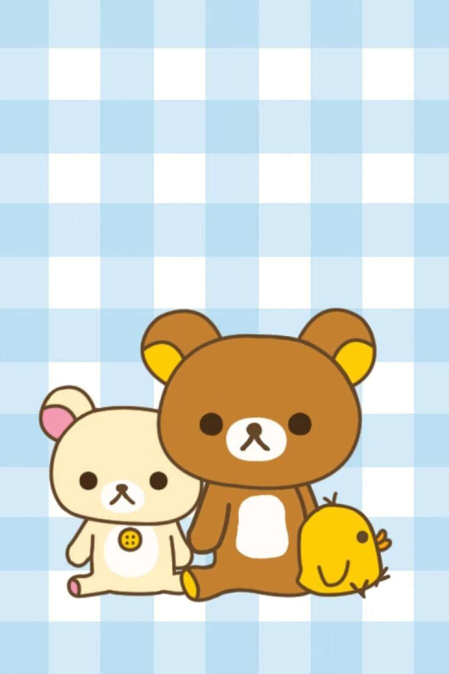 Kawaii Bear 桌布 壁紙 — 兩隻可愛嘅卡通熊同一隻小雞一齊坐喺藍白格仔背景上。