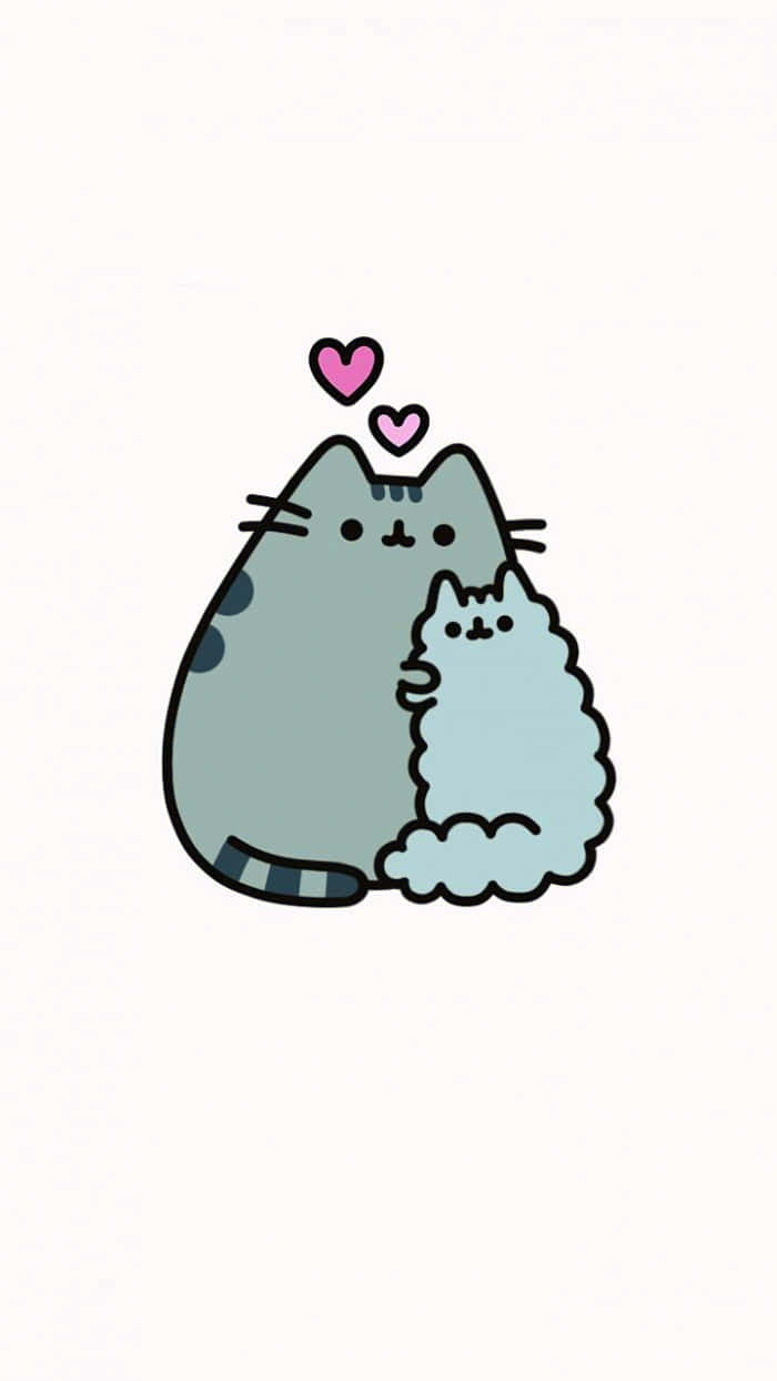 Cute Pusheen 桌布 壁紙 — 兩隻可愛嘅卡通貓咪攬埋一齊，粉紅色心形喺佢哋頭頂飄浮，背景係純白色。