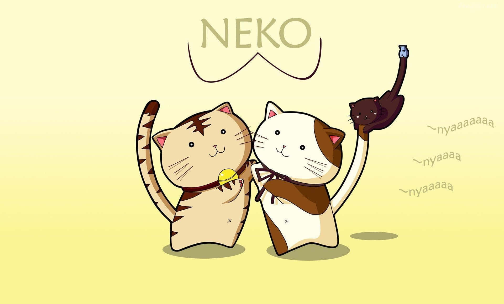 neko 桌布 壁紙 — 兩隻可愛嘅卡通貓喺柔和黃色背景上開心擺甫士，上面有NEKO字樣。
