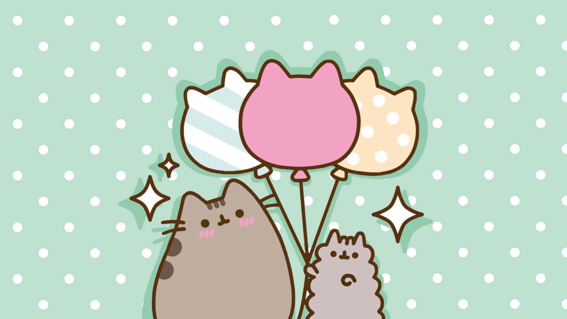 Pusheen 桌布 壁紙 — 兩隻可愛嘅卡通貓喺薄荷綠色圓點背景前攞住色彩繽紛嘅貓形氣球。