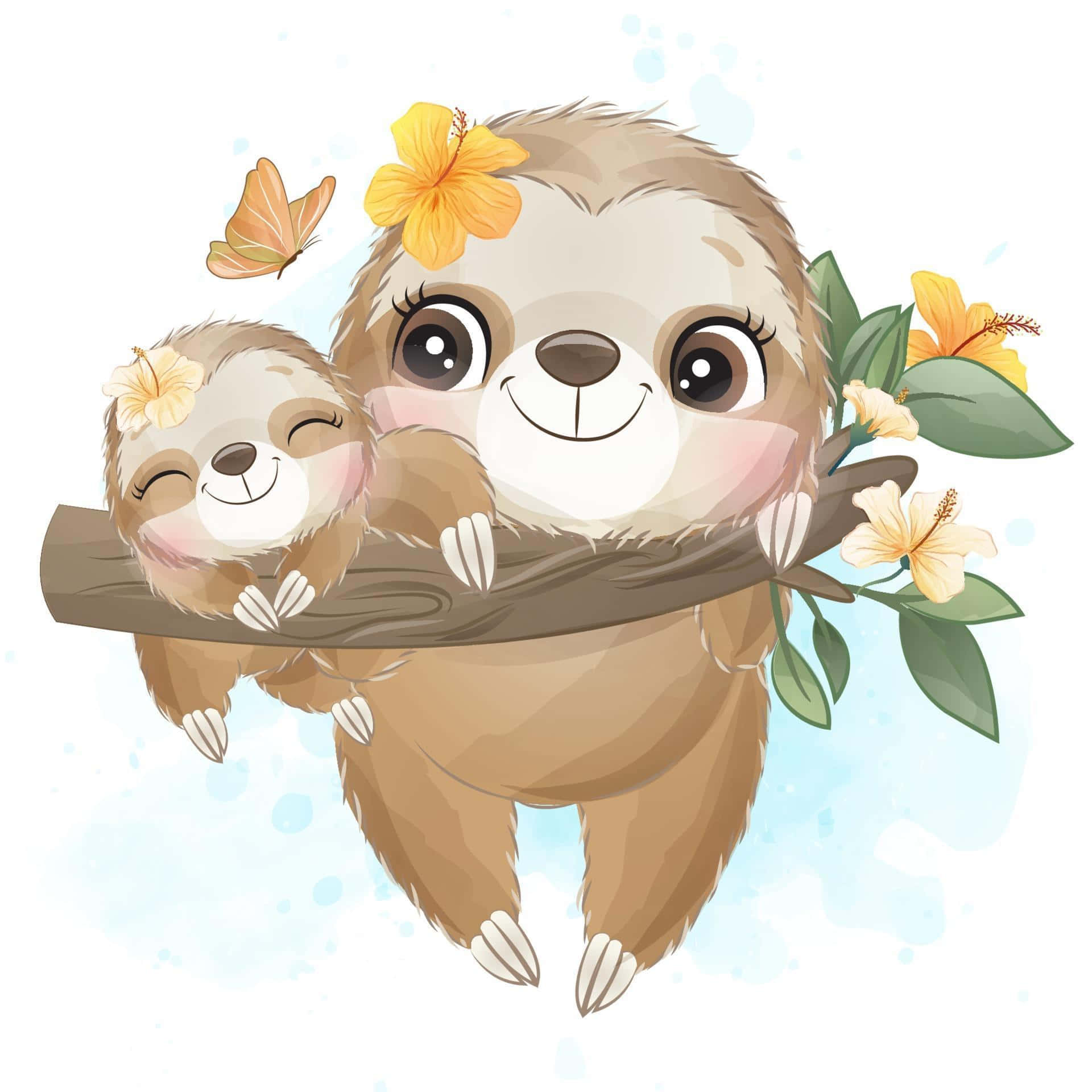 Kawaii Sloth 桌布 壁紙 — 兩隻可愛嘅樹懶同木芙蓉花同一隻蝴蝶喺樹枝上攬住，背景係柔和嘅藍色水彩。