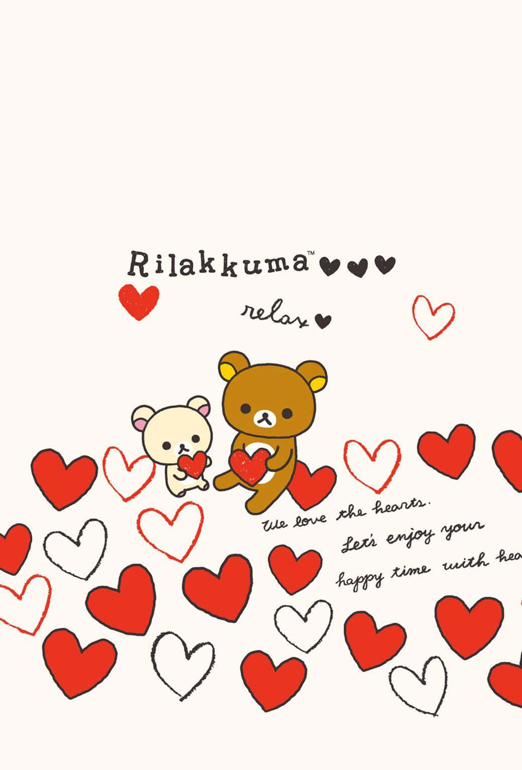 兩隻Rilakkuma熊拿著心形，伴有漂浮的心形和文字。 — 鬆弛熊 GIF 壁紙