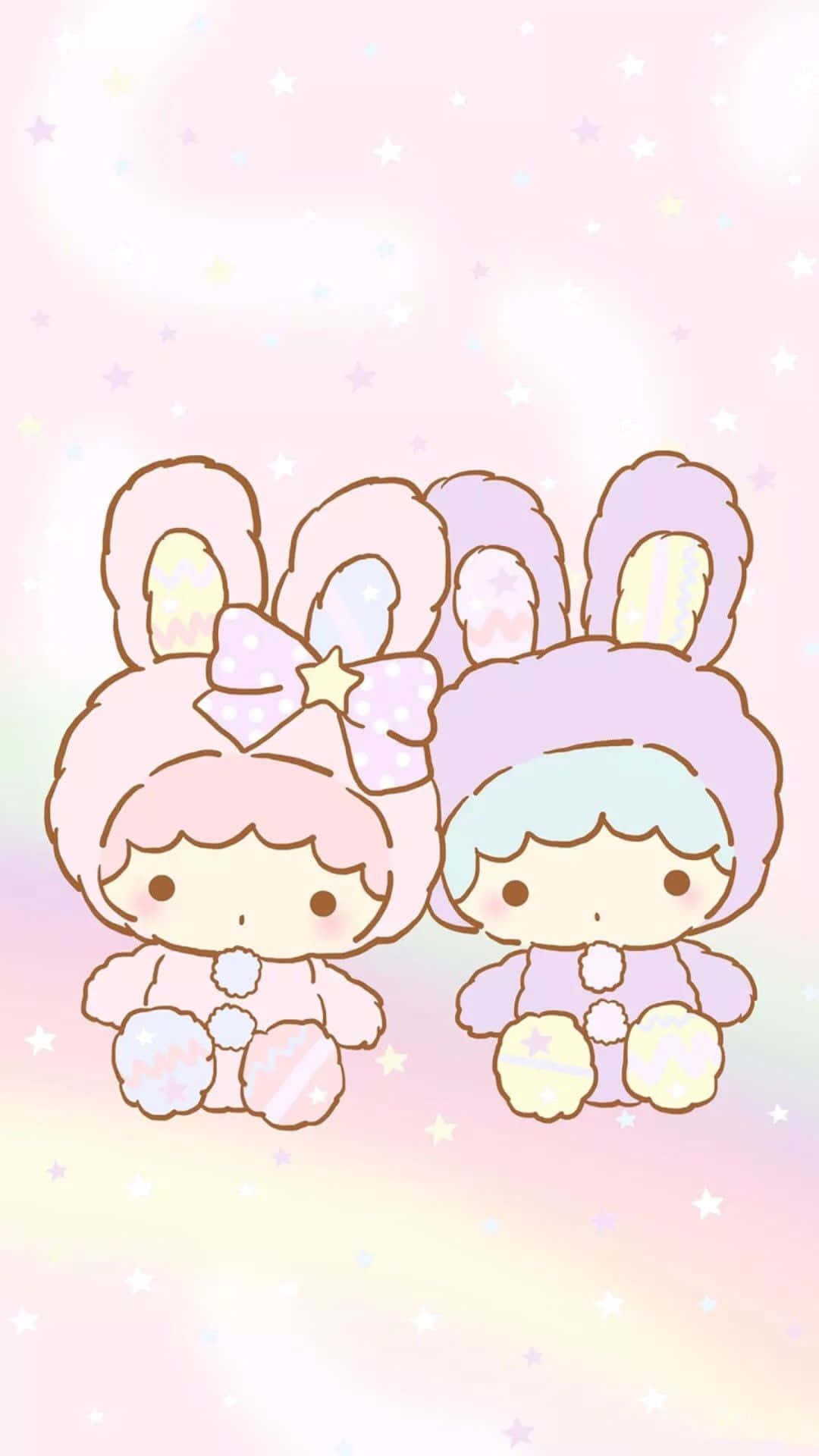 Kawaii Japanese 桌布 壁紙 — 兩隻可愛的兔仔角色，擁有粉彩毛髮和蝴蝶結，一起坐在柔和的漸變天空下，天空佈滿閃爍的星星。