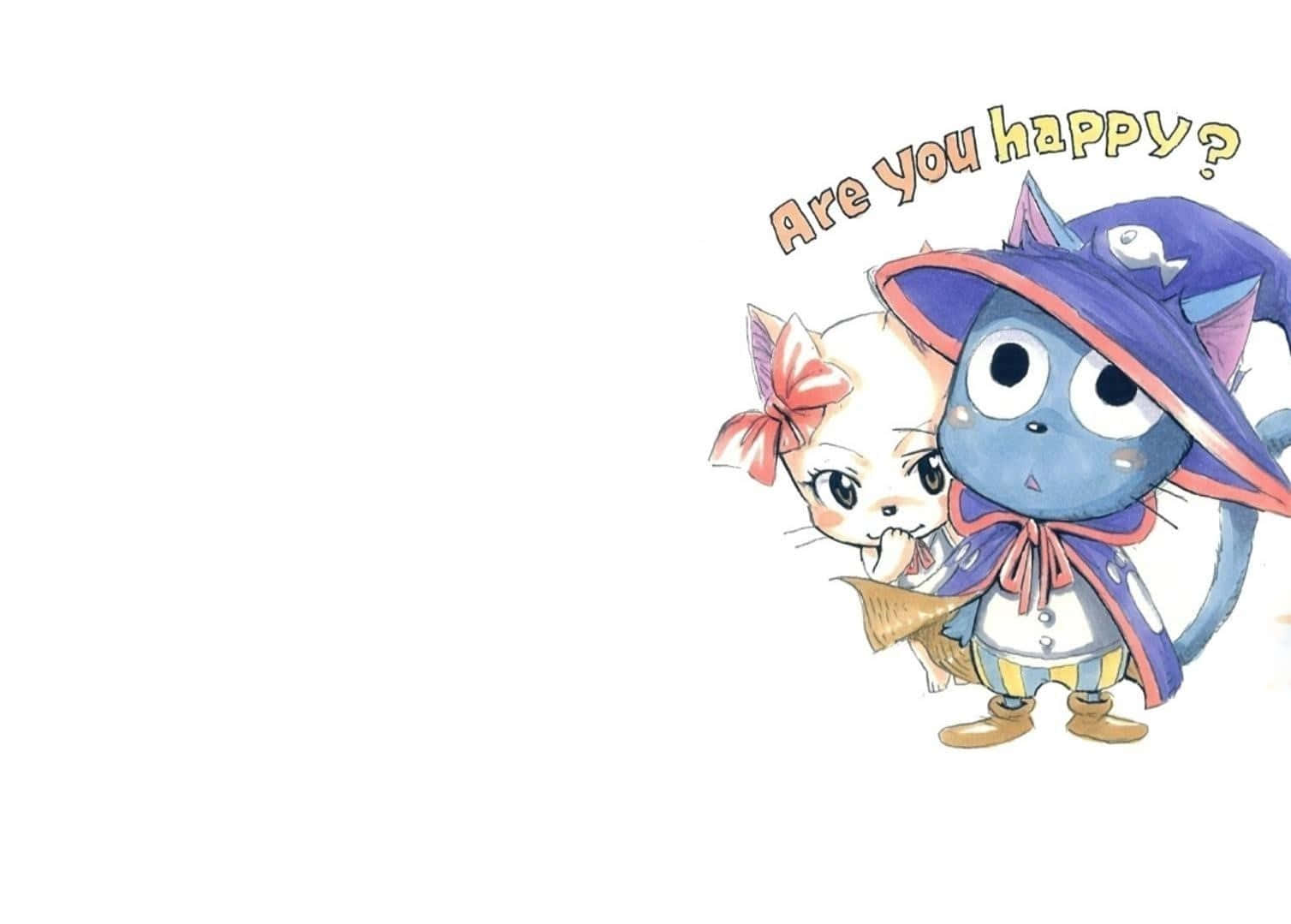 Fairy Tail Happy 桌布 壁紙 — 兩隻可愛的動漫貓，一隻藍色女巫和一隻戴粉紅色蝴蝶結的白貓，問你開心嗎？