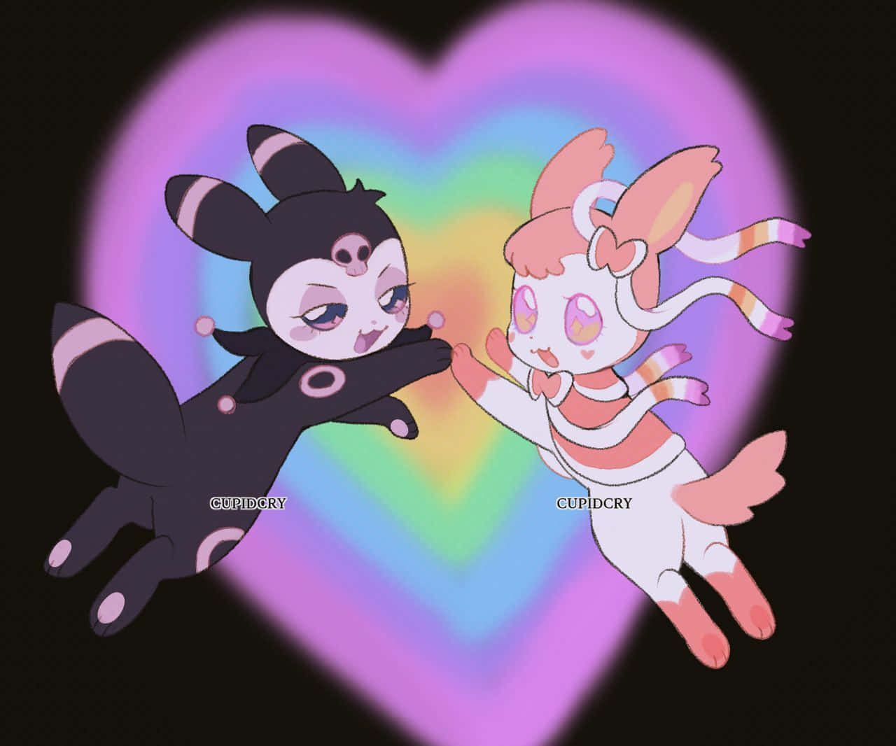 Kuromi Fanart 桌布 壁紙 — 兩隻可愛的動漫風格生物在發光的彩虹心形背景下飄向對方。