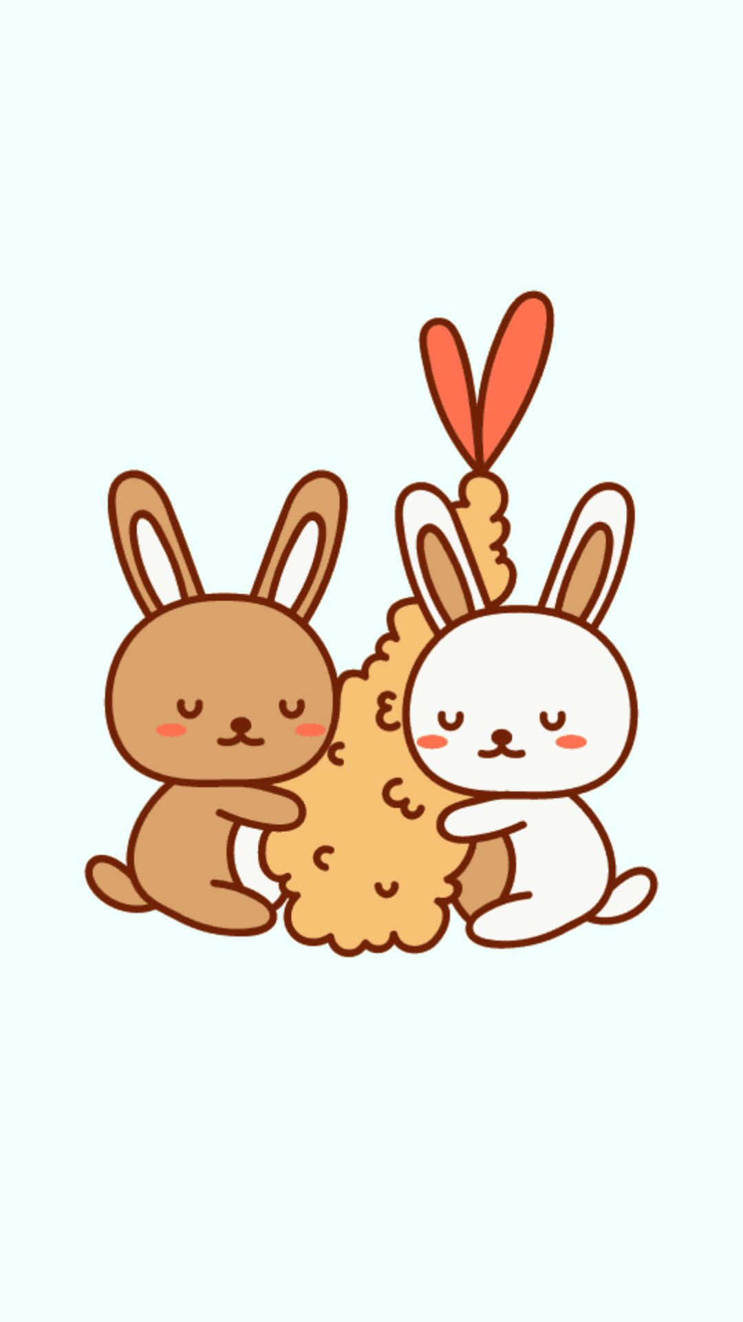 Kawaii Art 桌布 壁紙 — 兩隻可愛的卡通兔子在淡藍色背景上擁抱一根帶橙色頂部的金色胡蘿蔔。