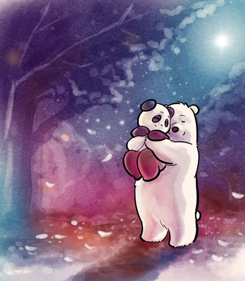 Cartoon Polar Bear 桌布 壁紙 — 兩隻可愛的卡通熊在星光燦爛的暮色天空下溫暖擁抱，伴隨著發光的月亮和飄落的花瓣。
