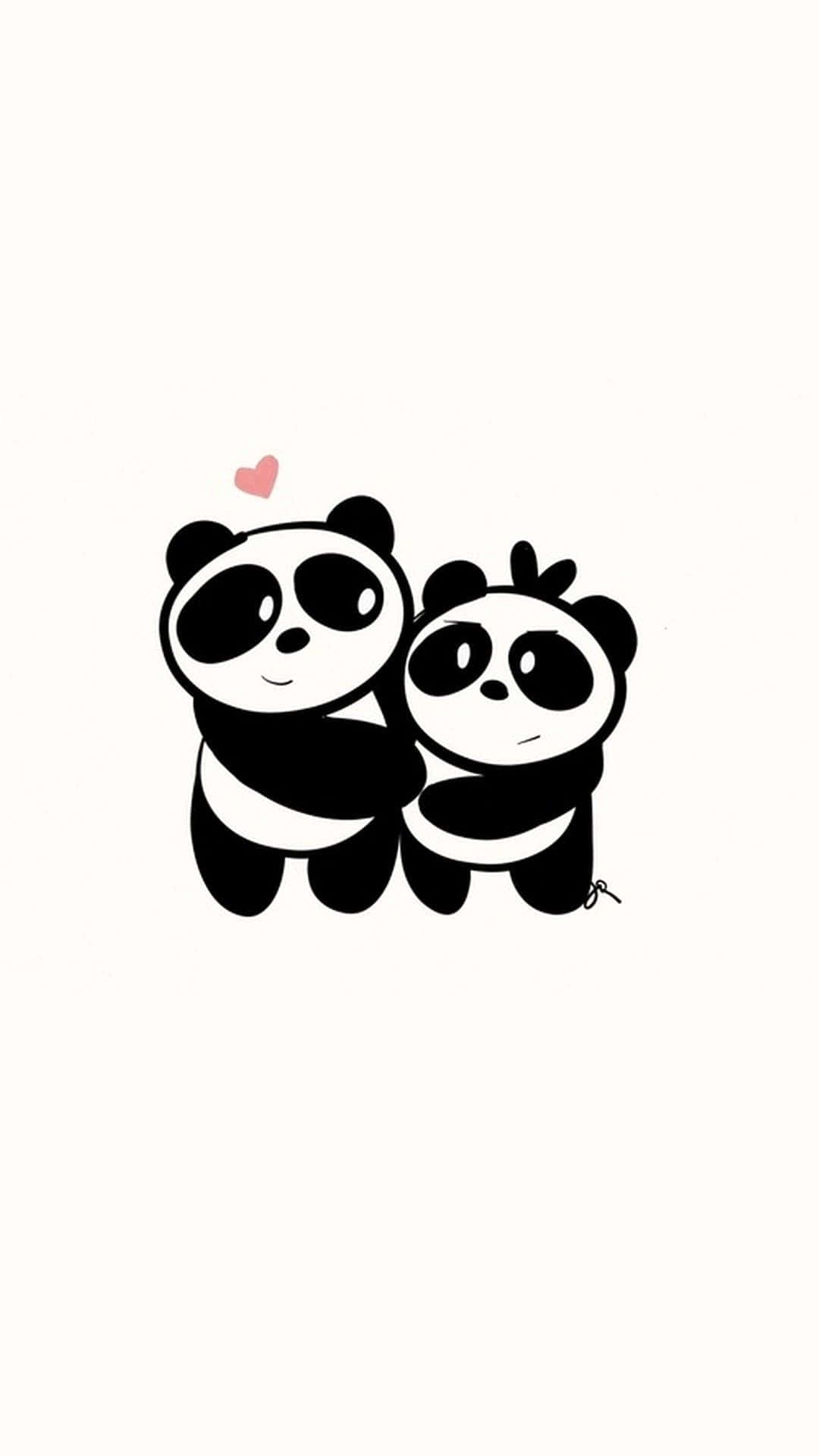 Kawaii Panda 桌布 壁紙 — 兩隻可愛的卡通熊貓在純白色背景上擁抱，上方有一個粉紅色的心形。