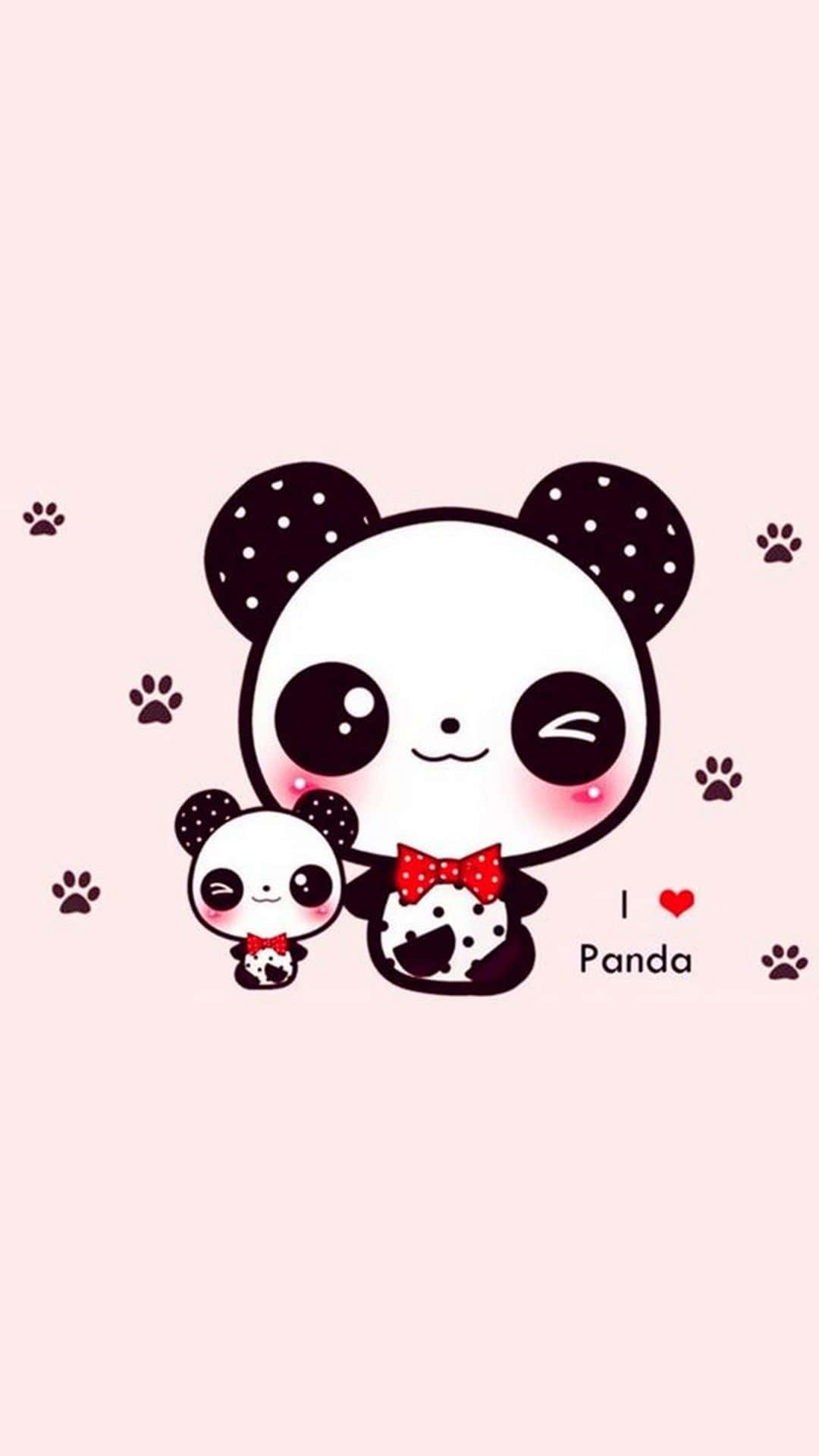 Kawaii Panda 桌布 壁紙 — 兩隻可愛的卡通熊貓戴著紅色蝴蝶結，在柔和的粉紅色背景上微笑，周圍散落著爪印。