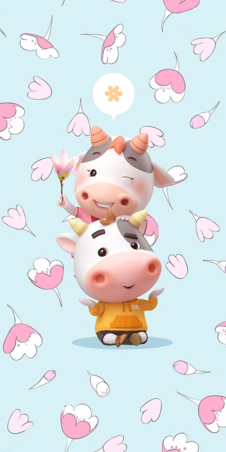 Kawaii Cute Cow 桌布 壁紙 — 兩隻可愛的卡通牛，帶有粉紅色心形和花朵，漂浮在柔和的藍色背景上。