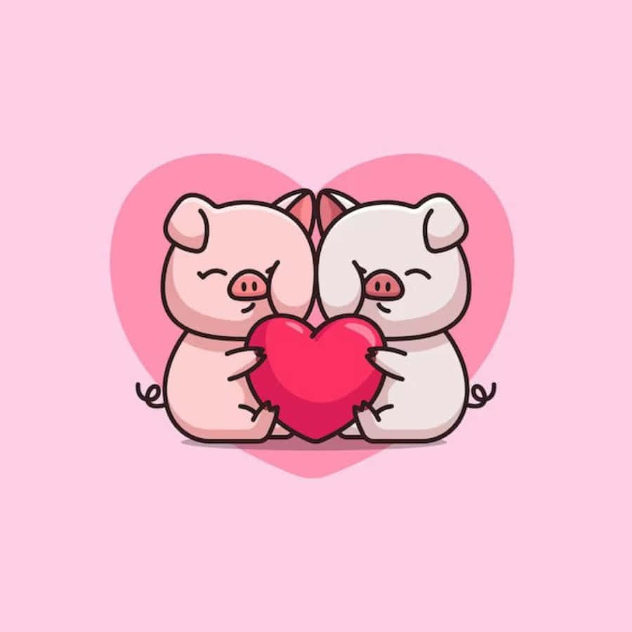Cartoon Heart 桌布 壁紙 — 兩隻可愛的卡通豬在柔和的粉紅色背景上擁抱一個紅色心形，身後有一個更大的心形。