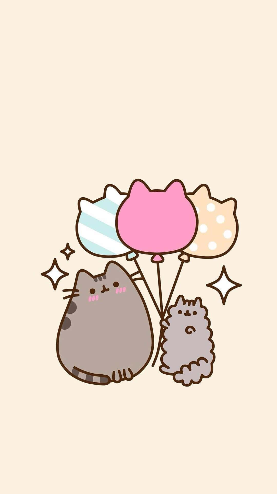 Kawaii Pusheen 桌布 壁紙 — 兩隻可愛的卡通貓咪在柔和的米色背景上拿著帶有閃光的貓形氣球。