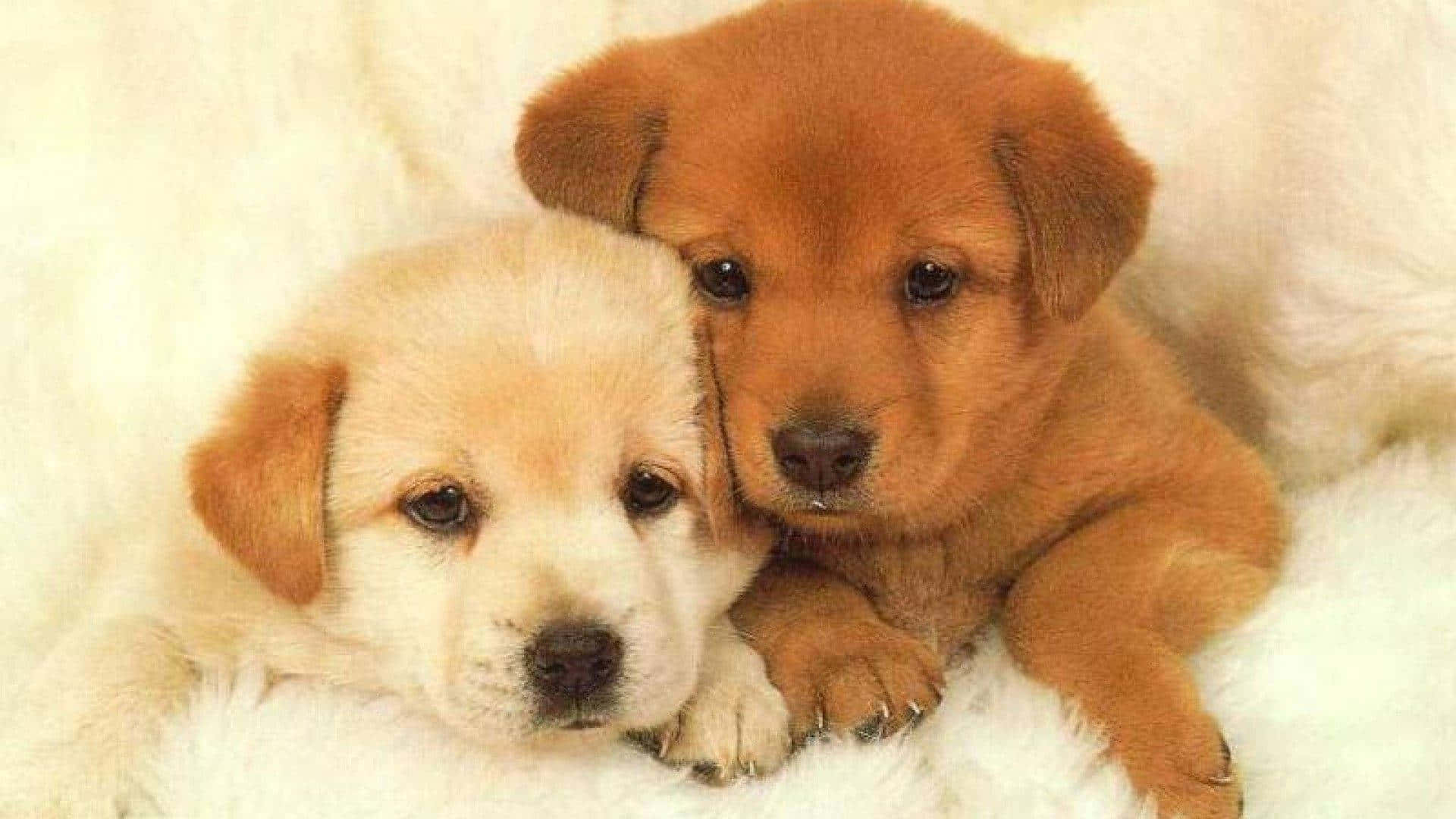 Puppies 桌布 壁紙 — 兩隻可愛的小狗，一隻是奶油色，一隻是金色，依偎在柔軟的白色毯子上休息，溫柔地看著觀眾。