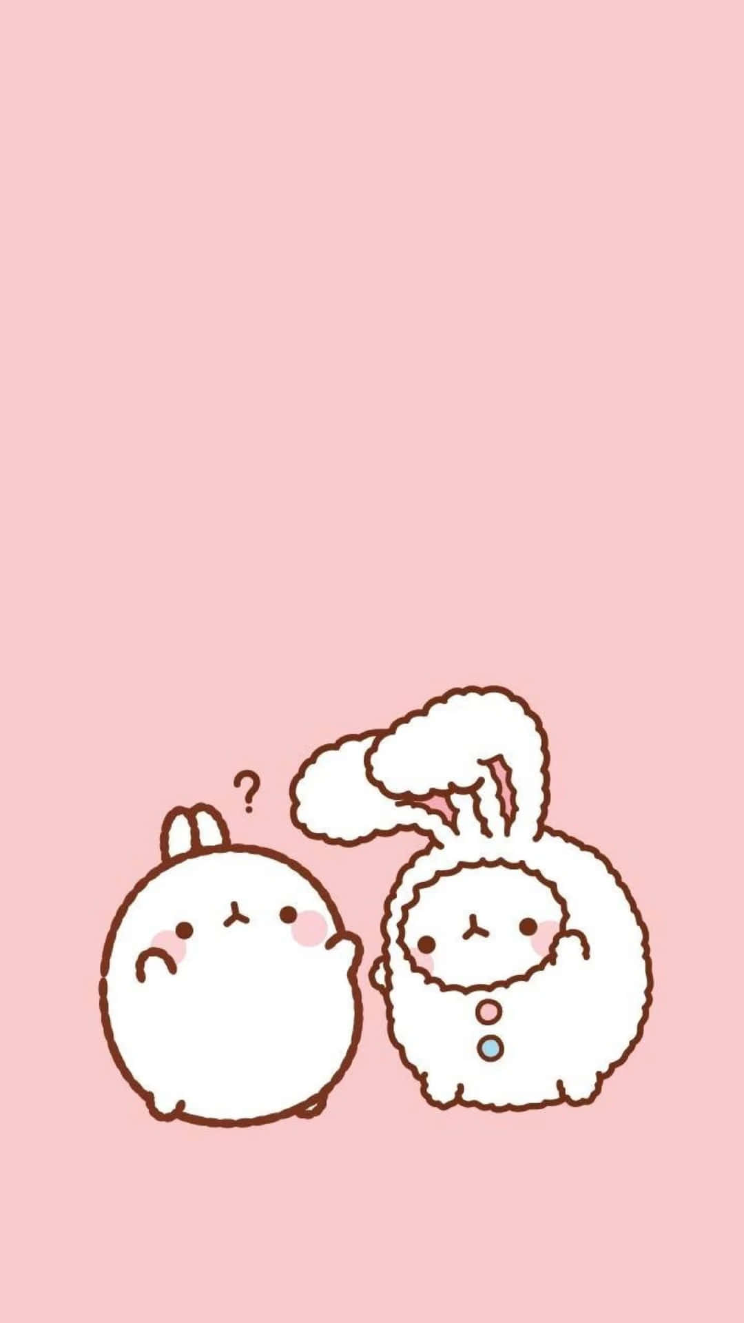 Kawaii Bunny 桌布 壁紙 — 兩隻可愛的白色卡通兔子，帶有棕色輪廓，一隻戴著毛絨帽子，兩隻都有紅潤的臉頰，背景是柔和的粉紅色。