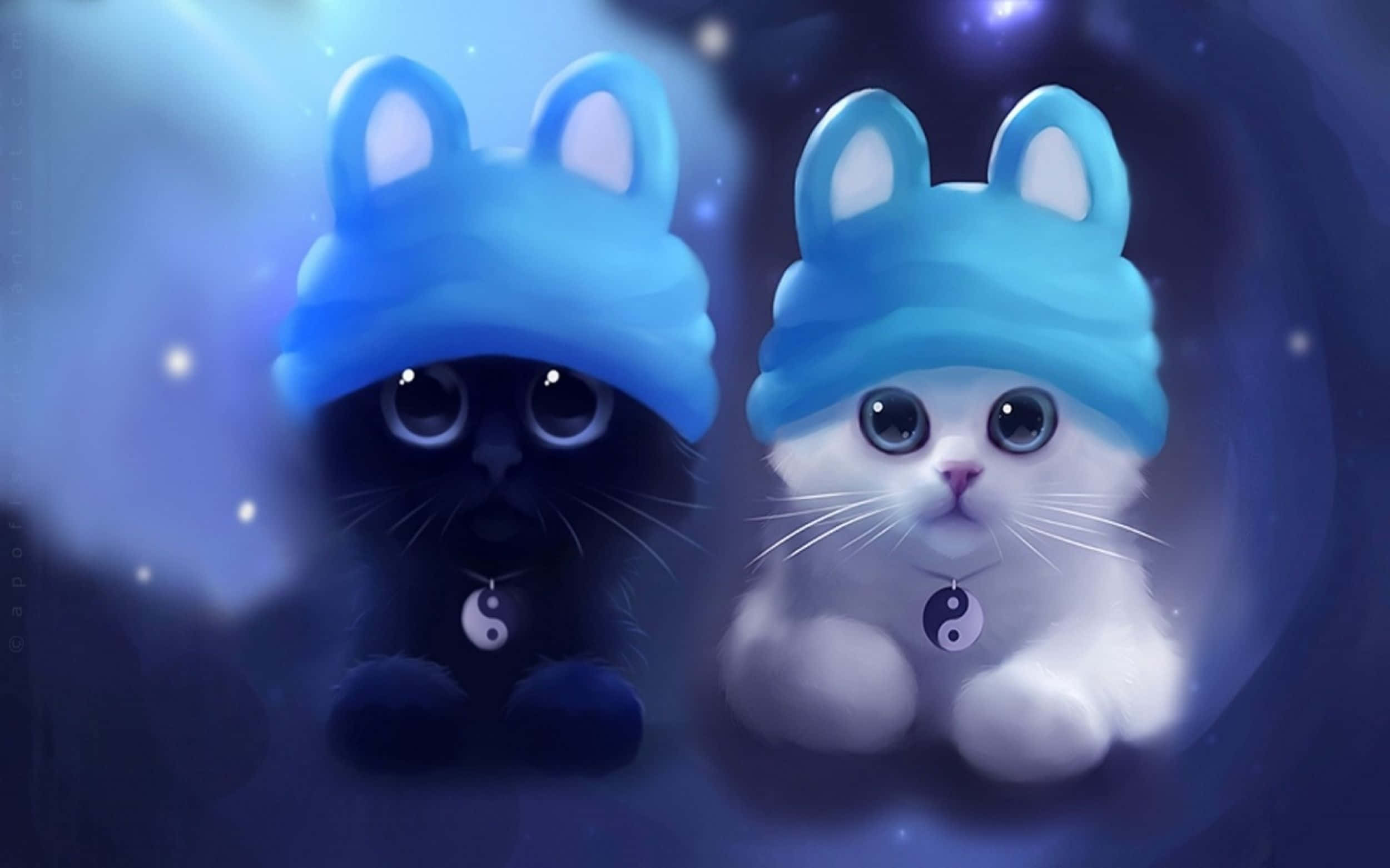 Cute HD 桌布 壁紙 — 兩隻可愛的貓咪，一黑一白，都戴著藍色兔仔帽，掛著陰陽標籤，在星空宇宙背景下溫柔凝視。