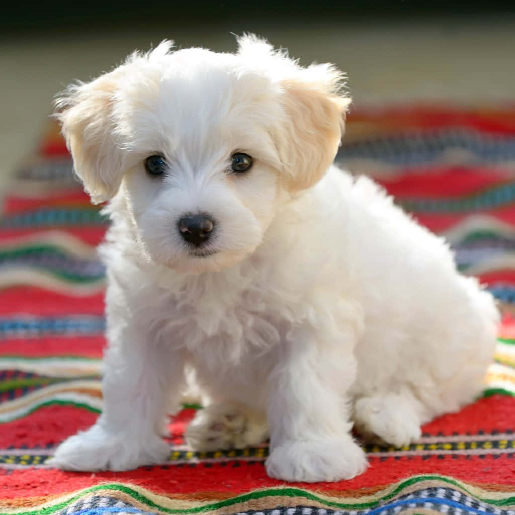 兩隻可愛的馬爾濟斯幼犬準備玩耍！ 壁紙 — 一隻毛茸茸的白色小狗，有著大大的深色眼睛，專注地坐在色彩繽紛的圖案地毯上。