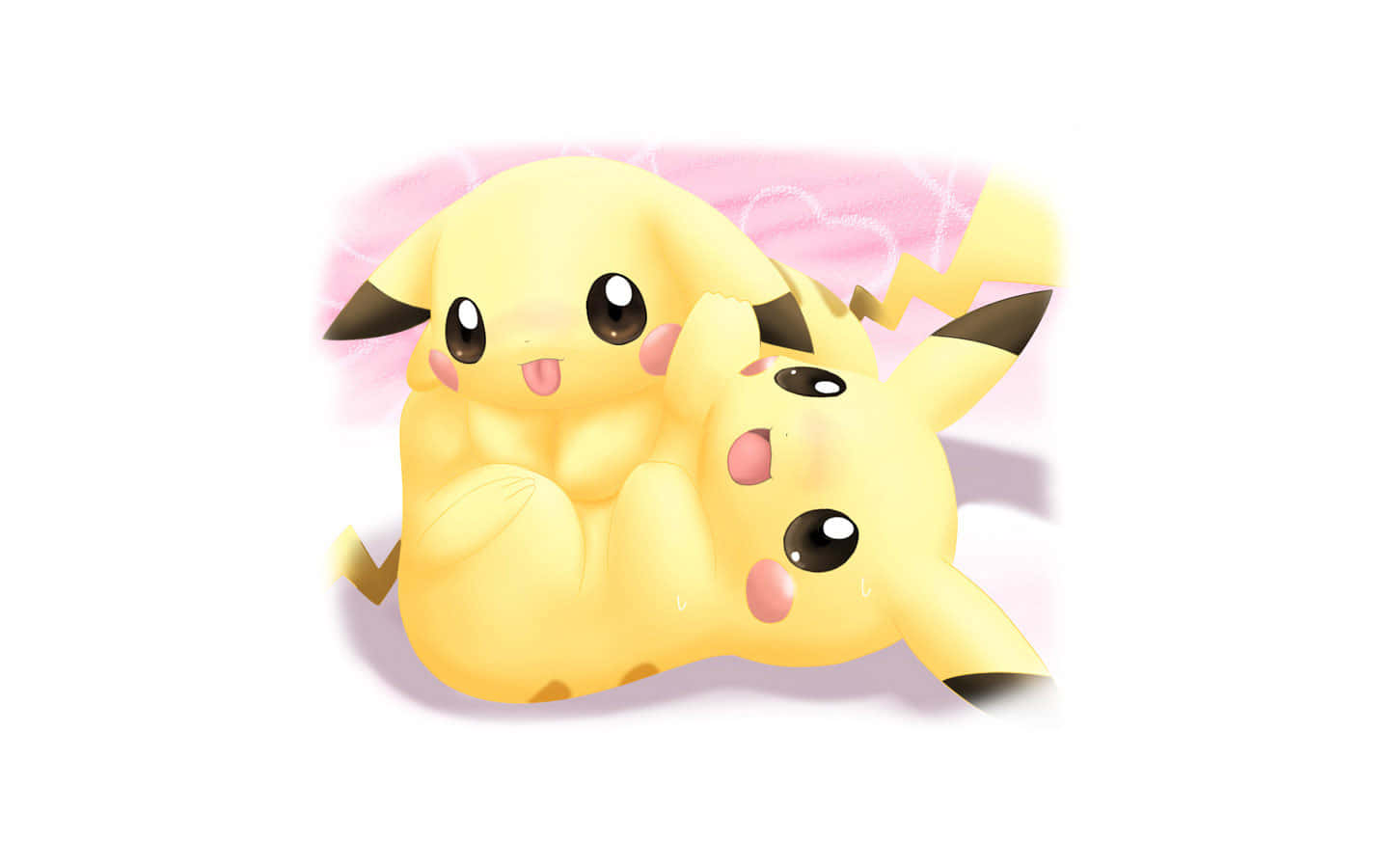 Cute Animations 桌布 壁紙 — 兩隻可愛的黃色比卡丘依偎在一起，身後漂浮著粉紅色的心形，背景為白色。
