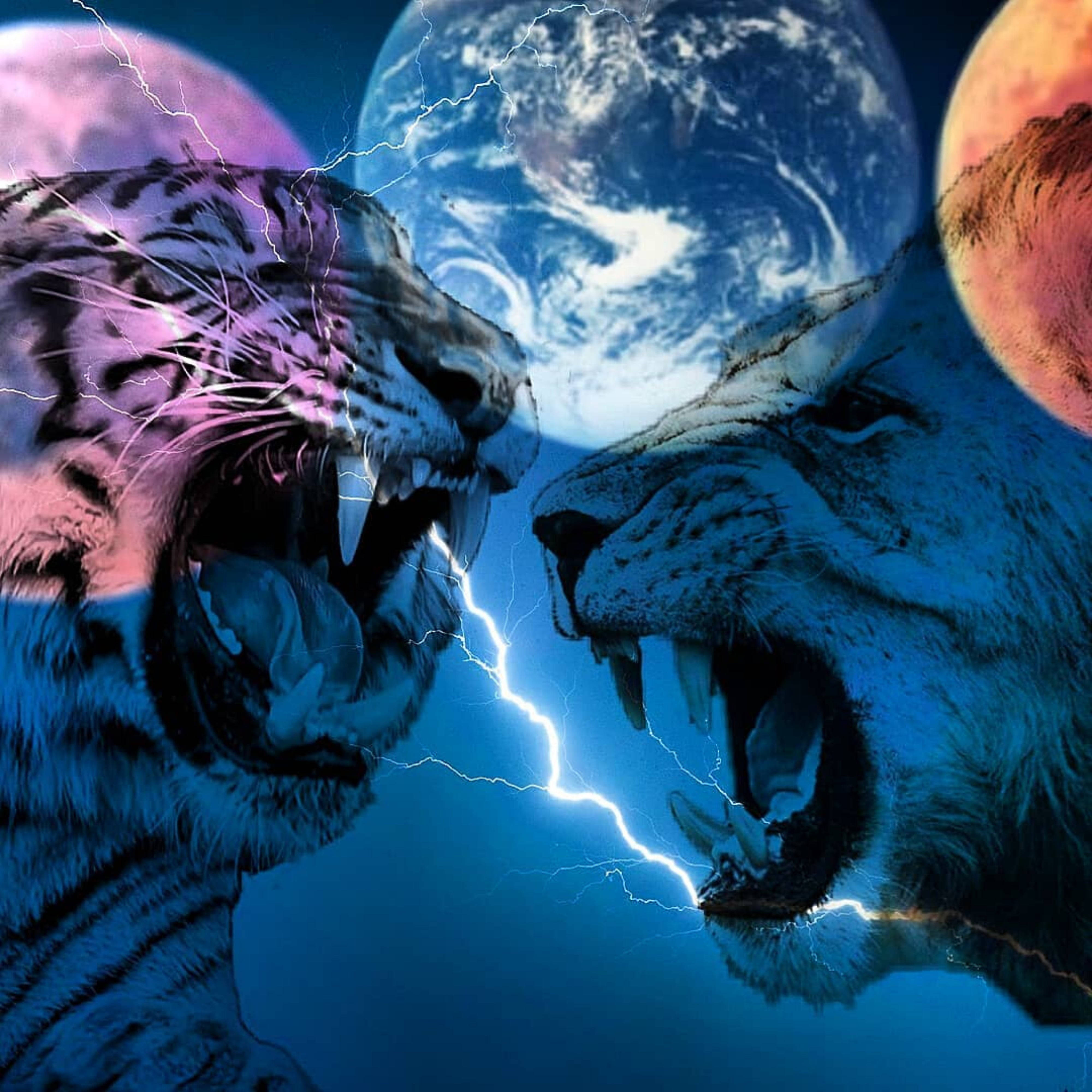 獅子 桌布 壁紙 — 兩隻咆哮的老虎對峙，閃電劃破天空，背後是行星和月亮。