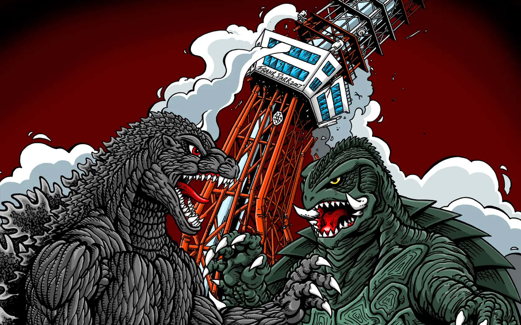 Godzilla Vs Gamera 桌布 壁紙 — 兩隻哥斯拉怪獸在煙霧中碰撞，背景是破損的東京鐵塔和紅色天空。
