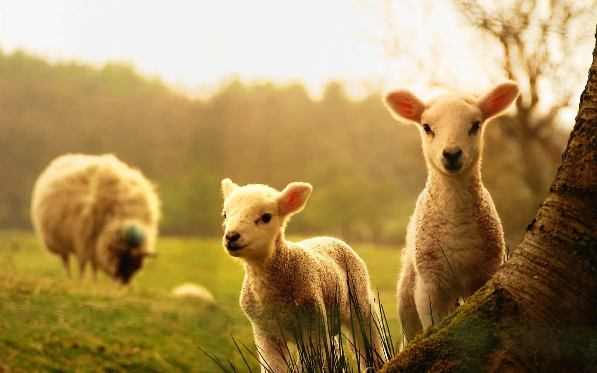 Farm Animal 桌布 壁紙 — 兩隻好奇的小羊從長滿苔蘚的樹幹後面探出頭來，在陽光明媚的草地上，背景中有一隻成年羊在吃草。