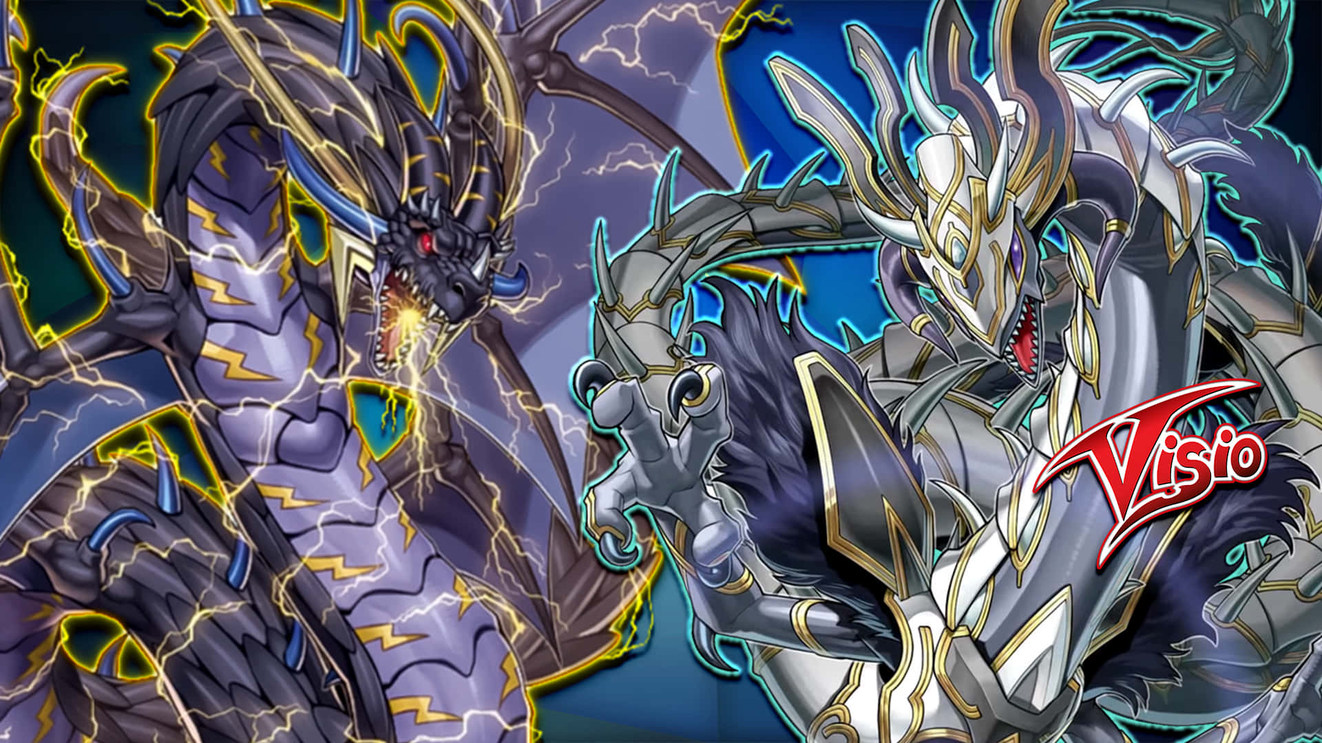 Yugioh Dragons 桌布 壁紙 — 兩隻威嚴的動漫龍在暴風雨的天空中衝突，一隻黑暗帶閃電，另一隻銀色帶發光的眼睛。