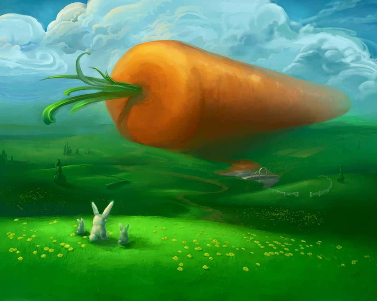 Carrot 桌布 壁紙 — 兩隻小兔子抬頭望著一個巨大的漂浮胡蘿蔔，在陰天下一片充滿活力的綠色草地上飄過。