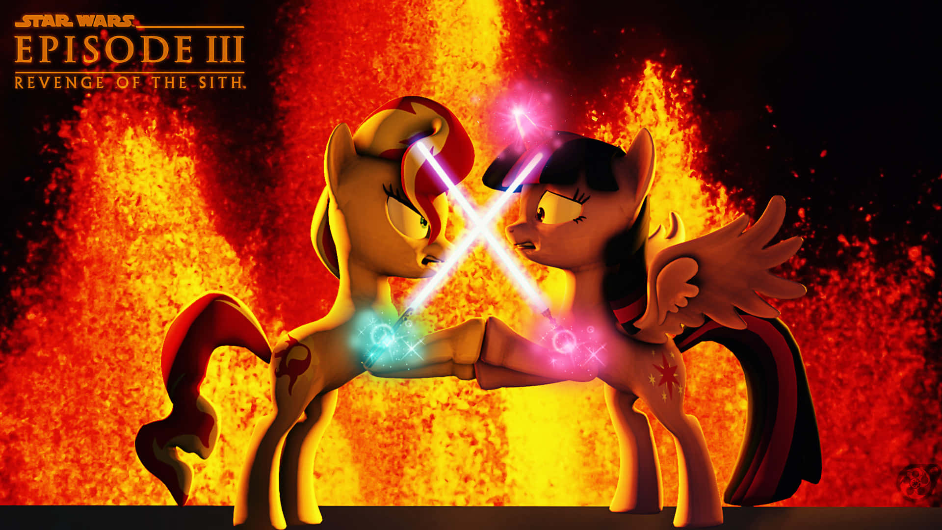 Mustafar 桌布 壁紙 — 兩隻小馬角色在熾熱的熔岩背景下，手持發光的光劍碰撞，並帶有《星球大戰第三部》文字。