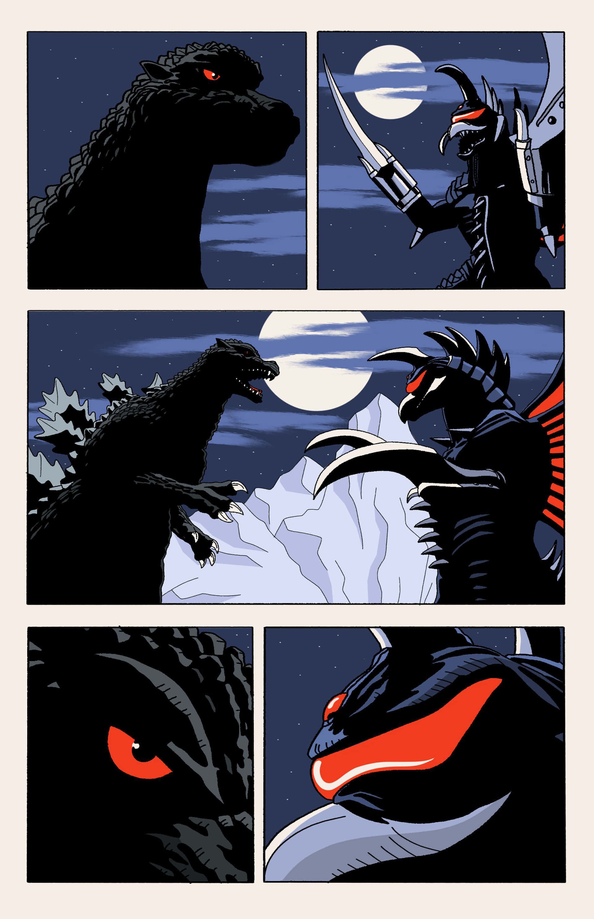 Godzilla Vs Gigan 桌布 壁紙 — 兩隻巨型怪獸，哥斯拉和王者基多拉，在滿月下對峙的戲劇性漫畫格。
