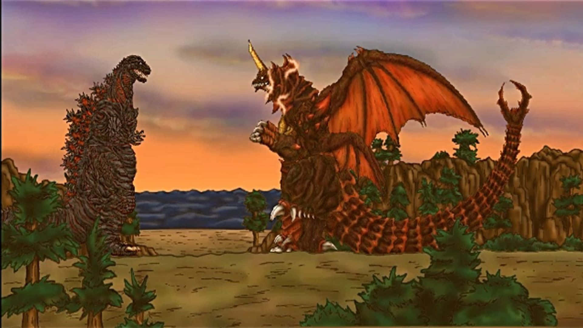Godzilla Vs Destoroyah 桌布 壁紙 — 兩隻巨型怪獸哥斯拉和王者基多拉在荒蕪稀疏樹木的地景上，於熾熱的日落中對峙。