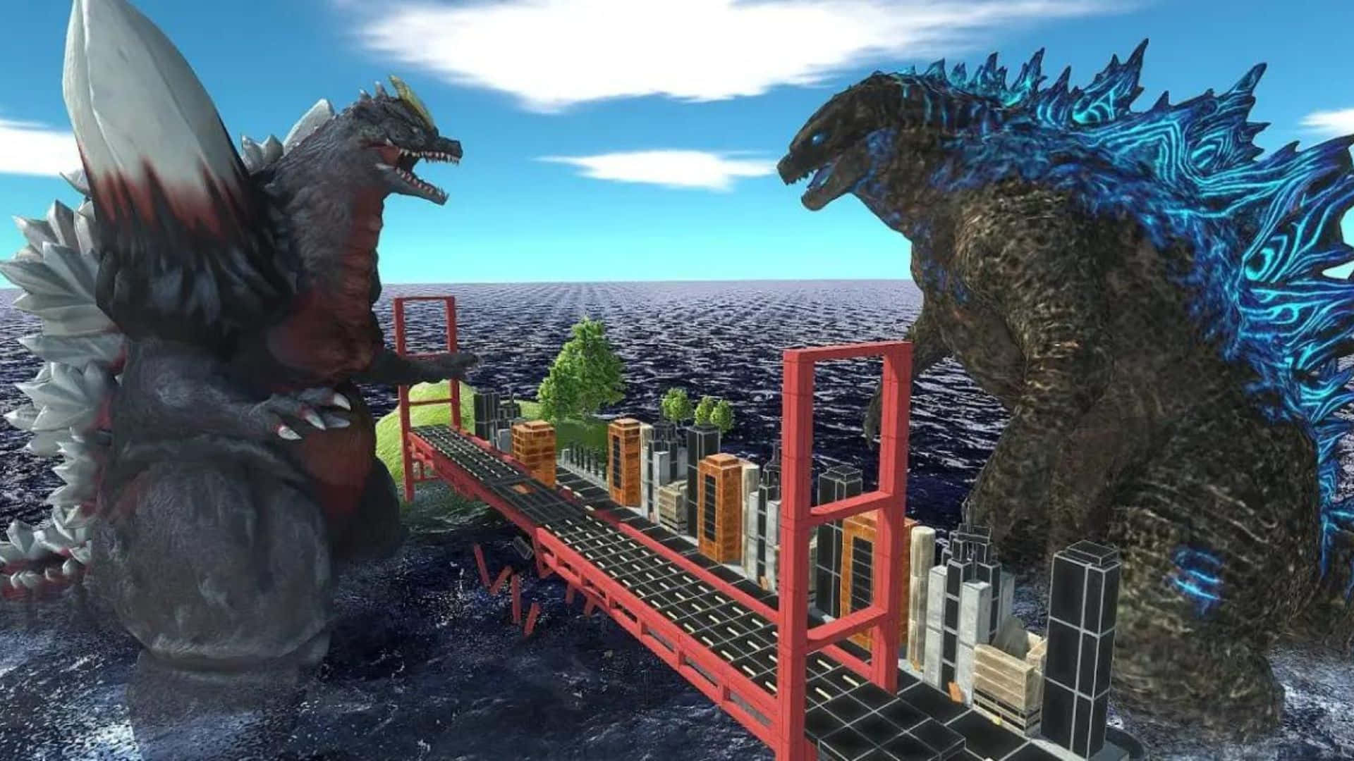 Godzilla Vs Spacegodzilla 桌布 壁紙 — 兩隻巨型怪獸哥斯拉和王者基多拉在海洋上方的紅色橋樑上對峙，中間有城市建築。