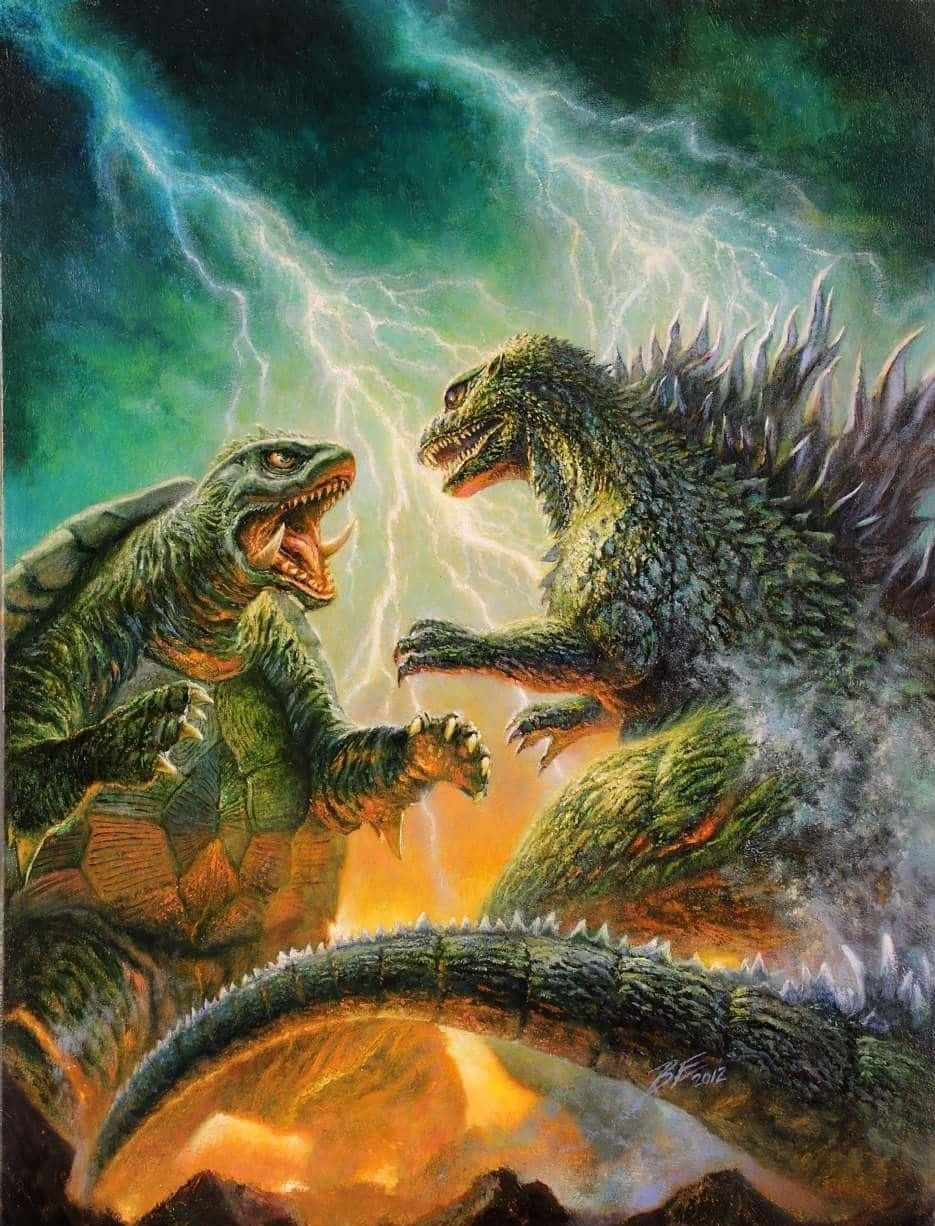 Gamera 桌布 壁紙 — 兩隻巨型怪獸在暴風雨的天空下互相咆哮，閃電照亮了它們佈滿鱗片的身體。