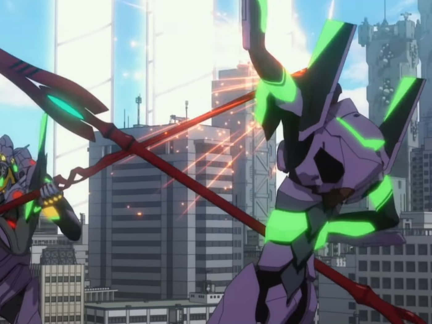 Adam Evangelion 桌布 壁紙 — 兩隻巨型紫色機械人在城市景觀中碰撞，發出發光的綠色和紅色能量光束。