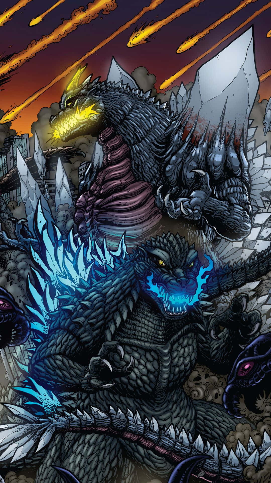 Godzilla Vs Spacegodzilla 桌布 壁紙 — 兩隻巨大的哥斯拉怪獸在破碎的摩天大樓之間碰撞，天空火紅，流星墜落。